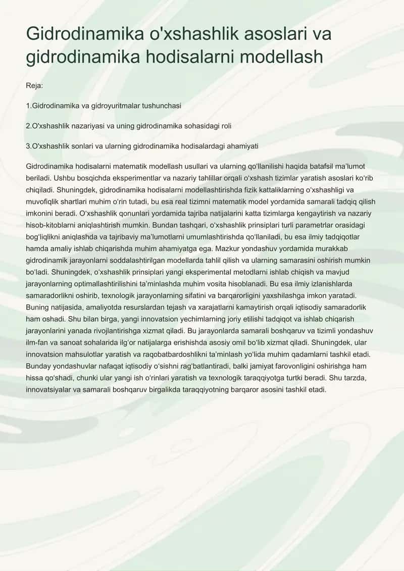 Gidrodinamika o'xshashlik asoslari va gidrodinamika hodisalarni modellash