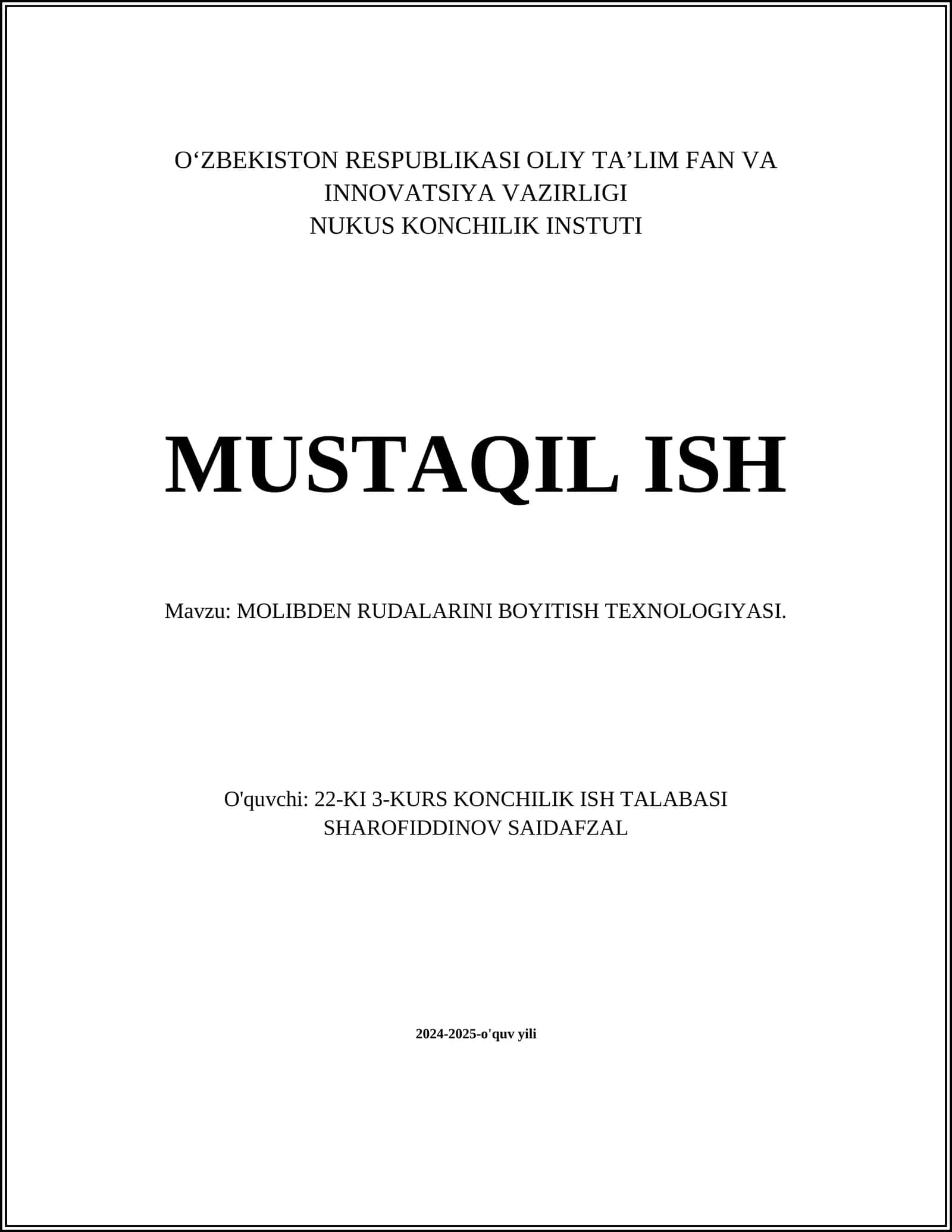MOLIBDEN RUDALARINI BOYITISH TEXNOLOGIYASI