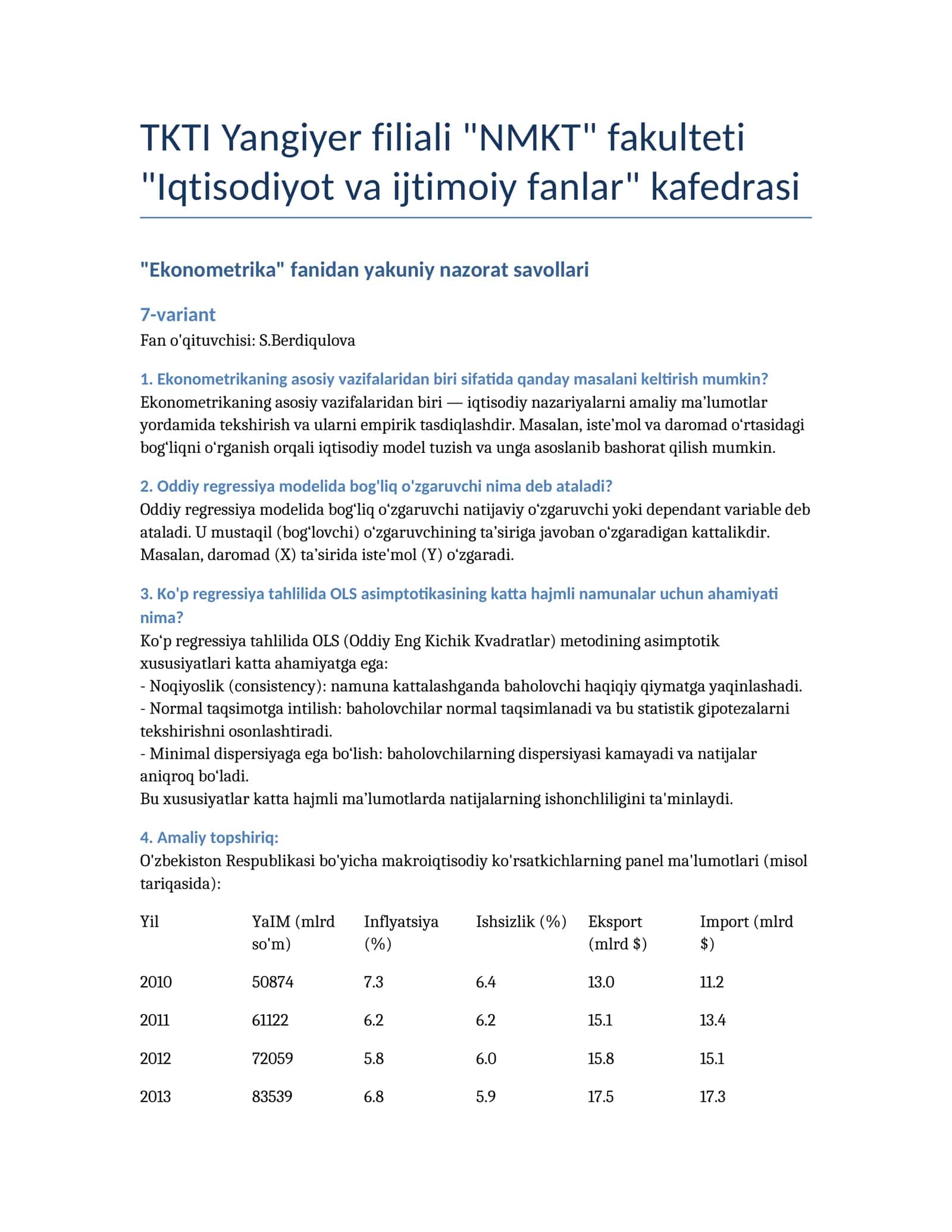 "Ekonometrika" fanidan yakuniy nazorat savollari