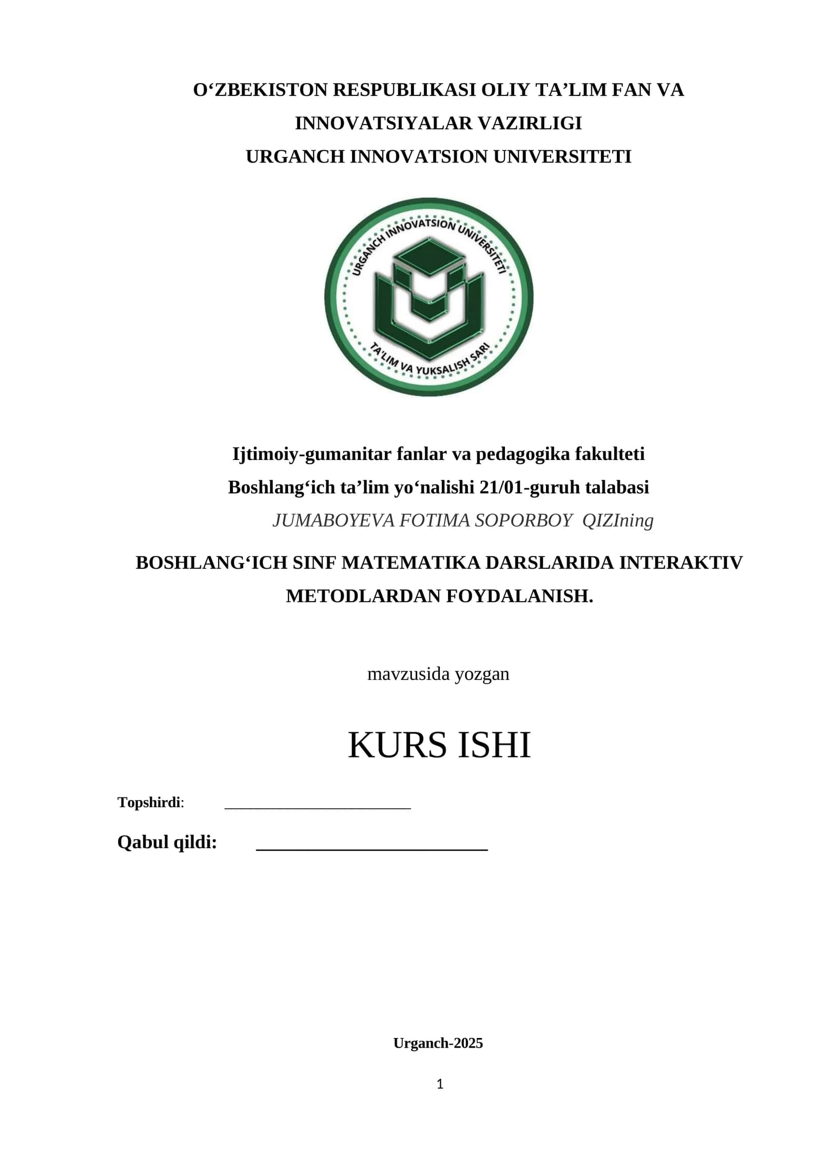 BOSHLANG‘ICH SINF MATEMATIKA DARSLARIDA INTERAKTIV METODLARDAN FOYDALANISH