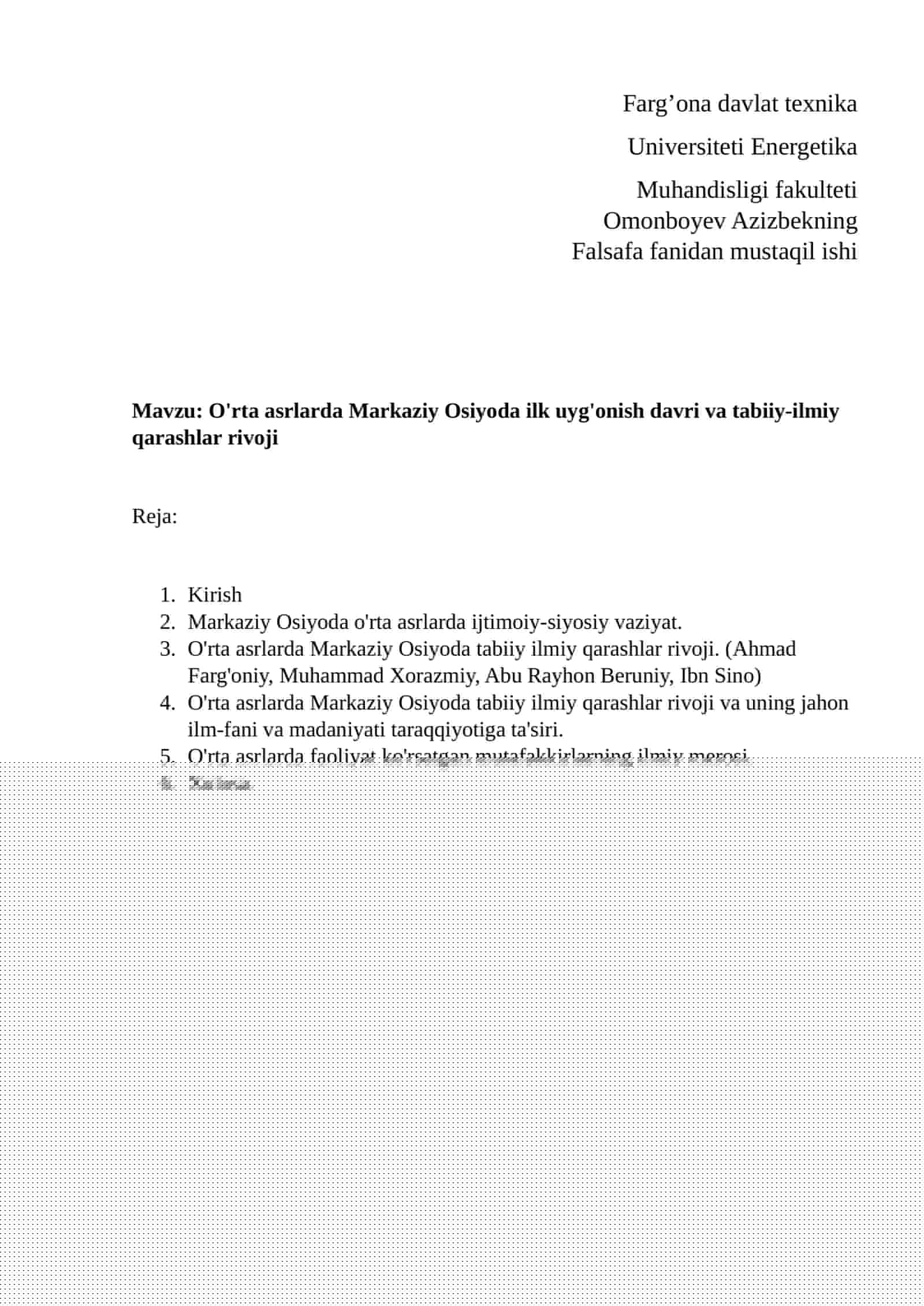 O'rta asrlarda Markaziy Osiyoda ilk uyg'onish davri va tabiiy-ilmiy qarashlar rivoji