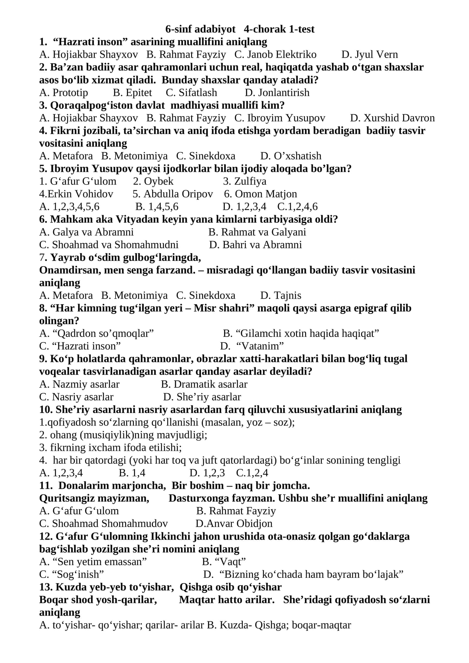 6-sinf adabiyot 4-chorak 1-test