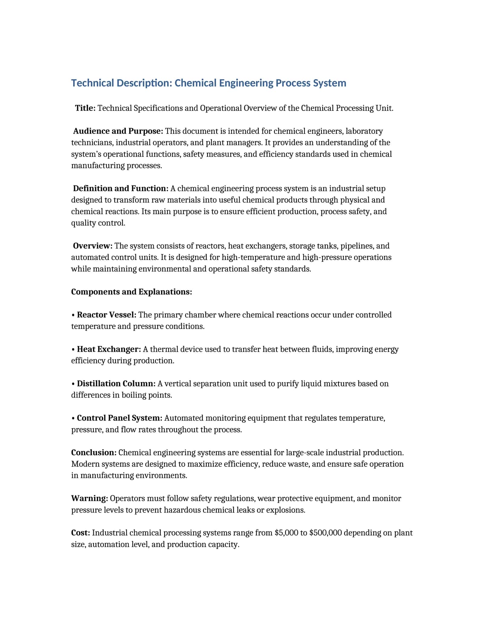 Technical Specifications and Operational Overview of the Chemical Processing Unit