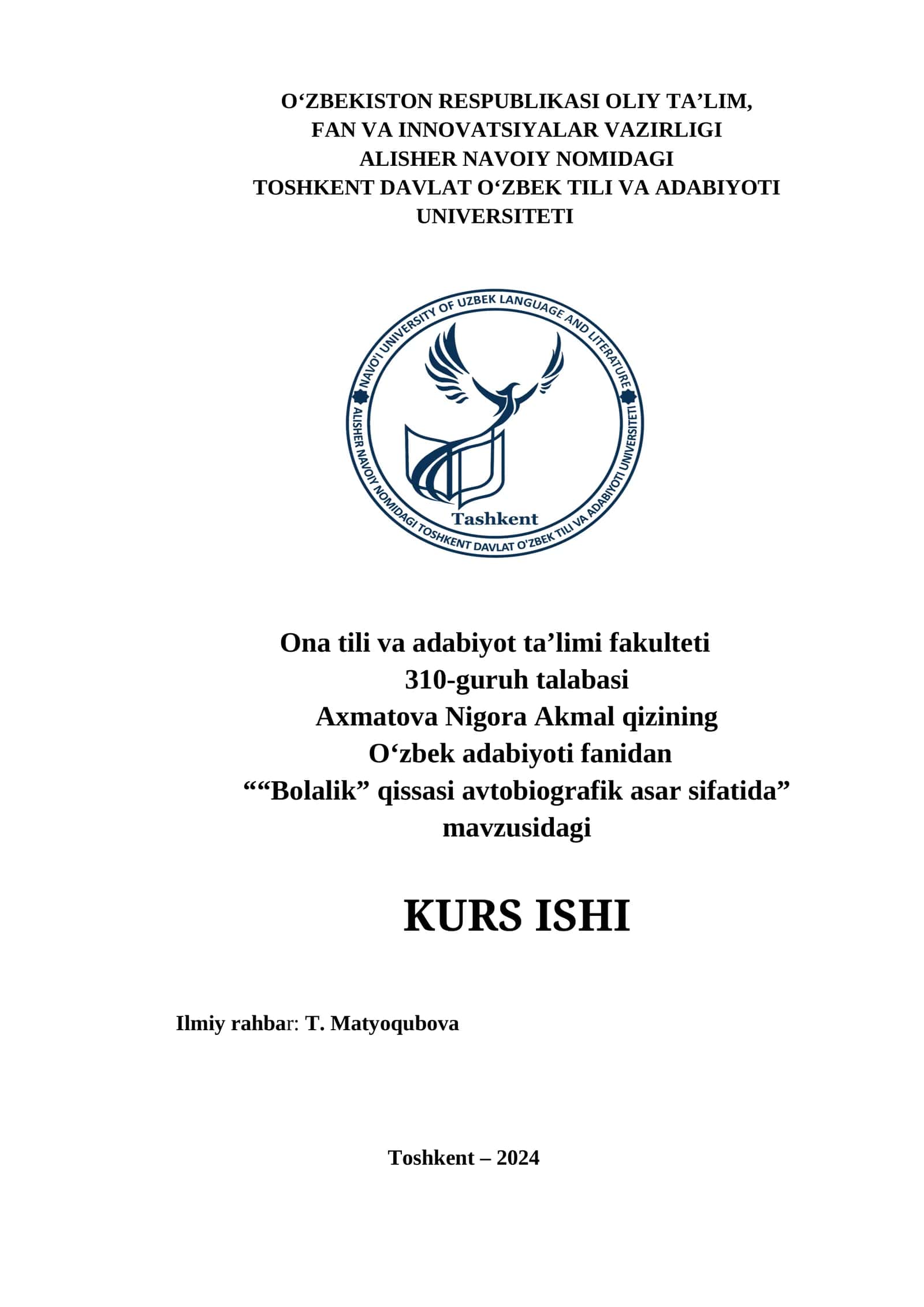 "“Bolalik” qissasi avtobiografik asar sifatida” KURS ISHI"