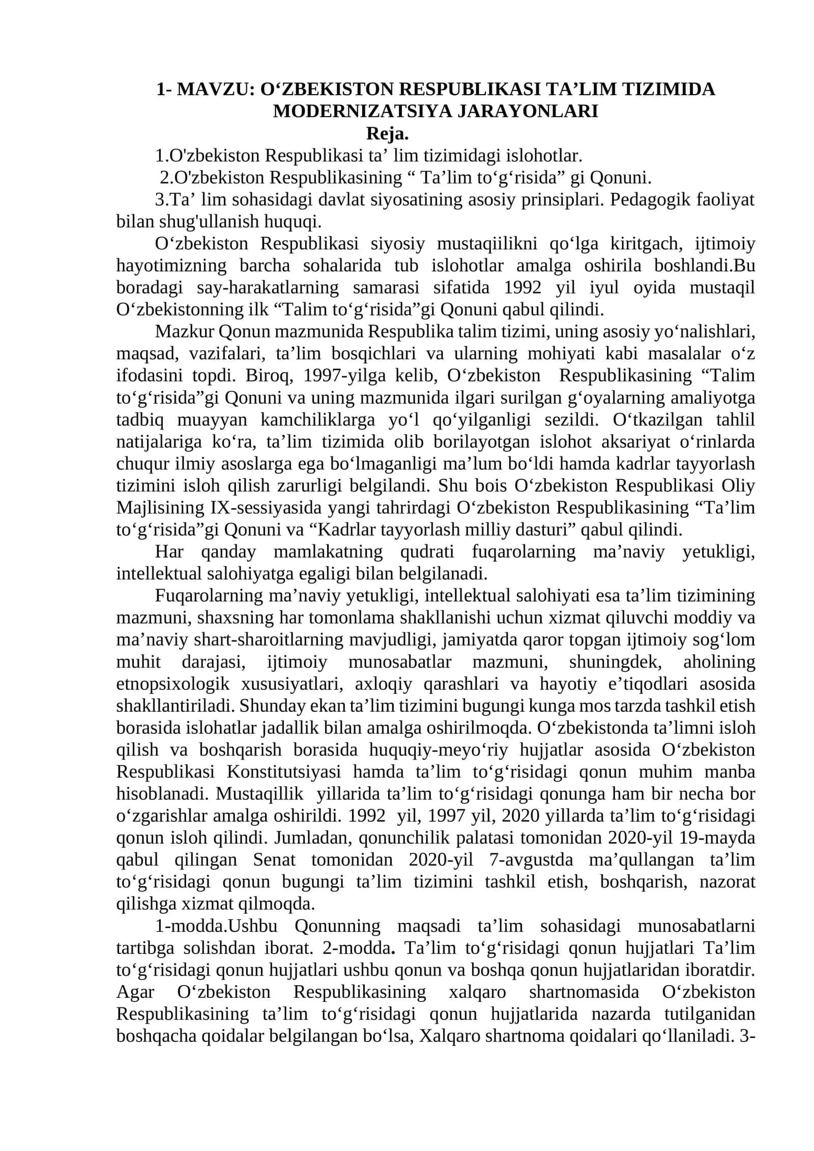 О‘ZBEKISTОN RESРUBLIKАSI TА’LIM TIZIMIDА MОDERNIZАTSIYА JАRАYОNLАRI