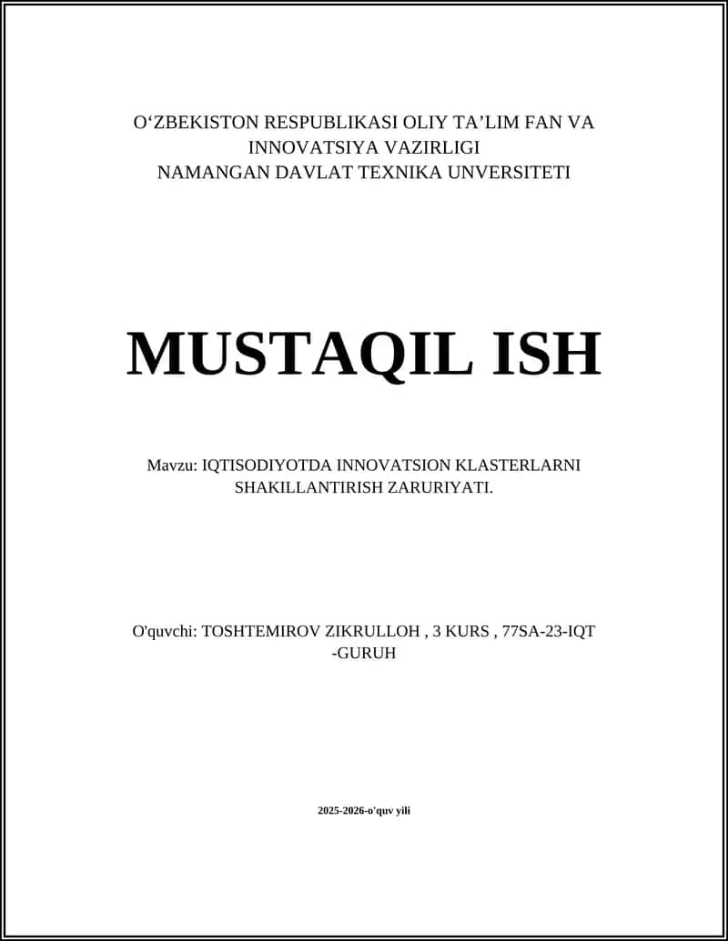 IQTISODIYOTDA INNOVATSION KLASTERLARNI SHAKILLANTIRISH ZARURIYATI