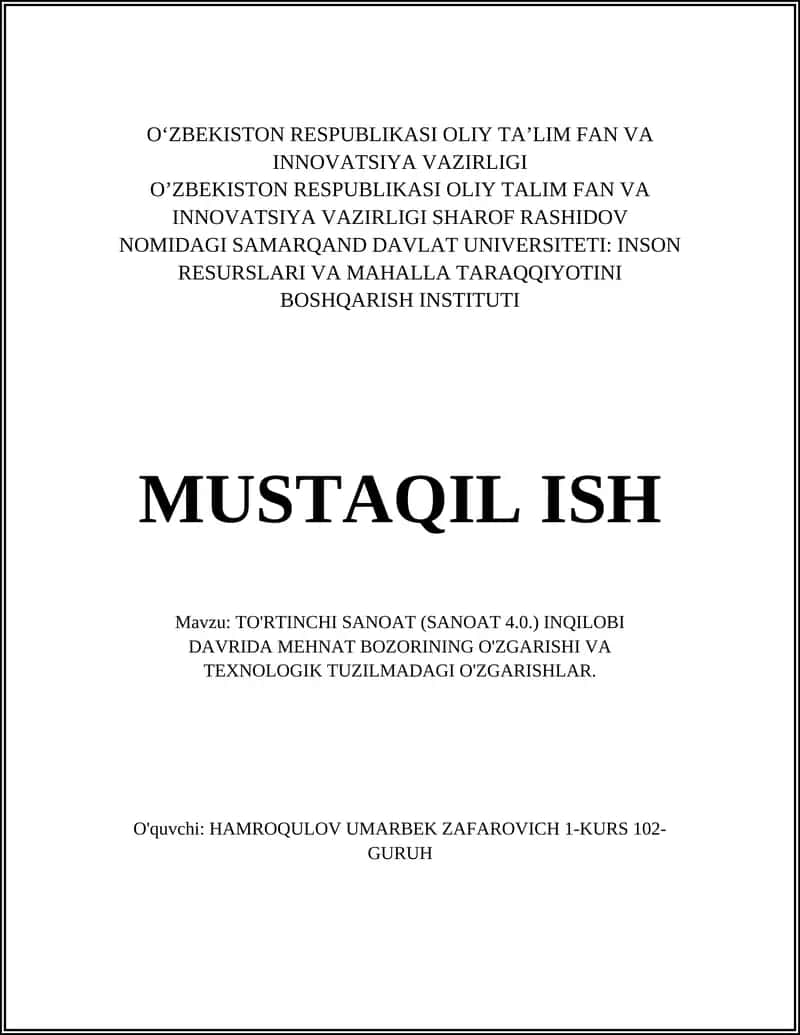 TO'RTINCHI SANOAT (SANOAT 4.0.) INQILOBI