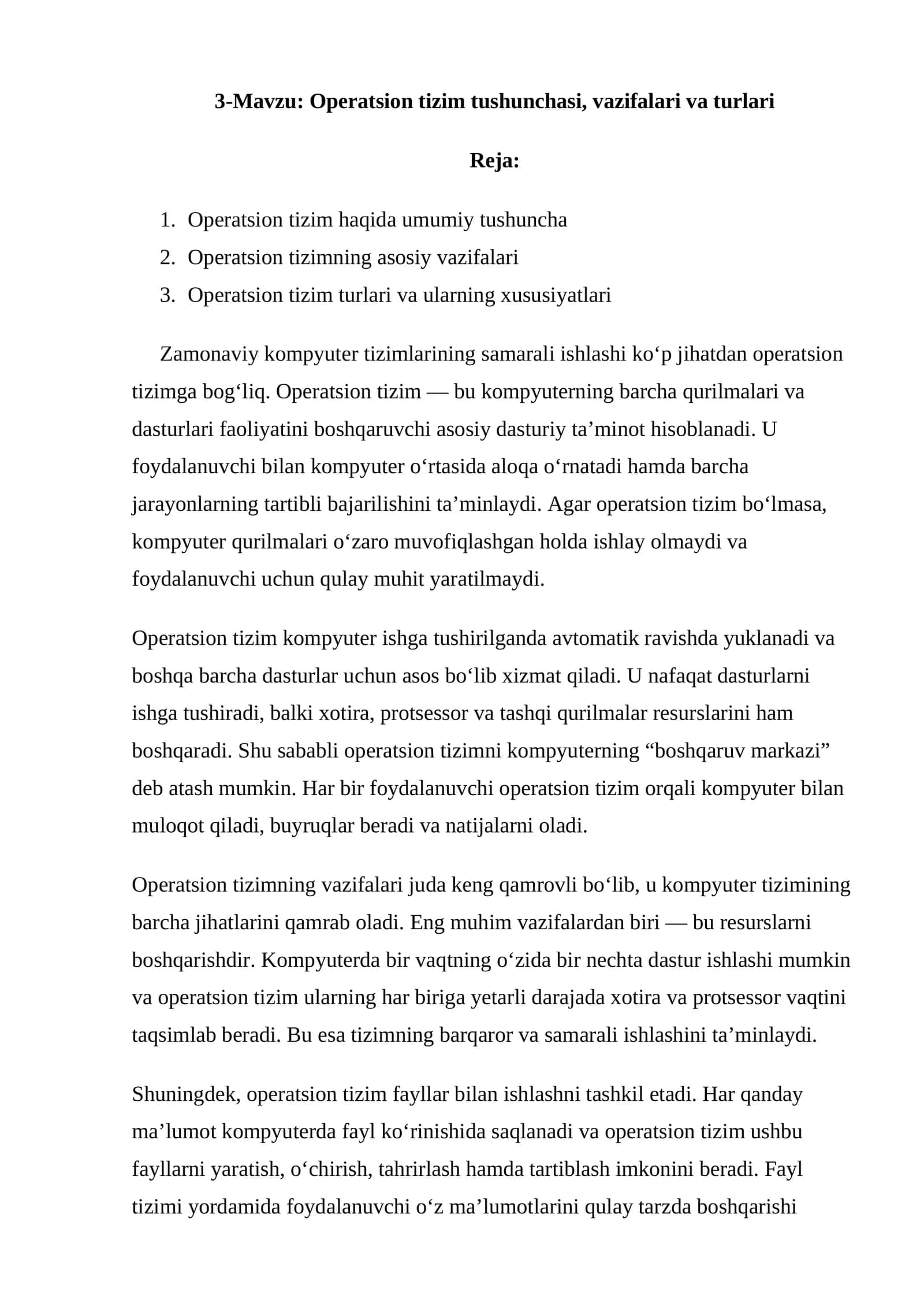 Operatsion tizim tushunchasi, vazifalari va turlari
