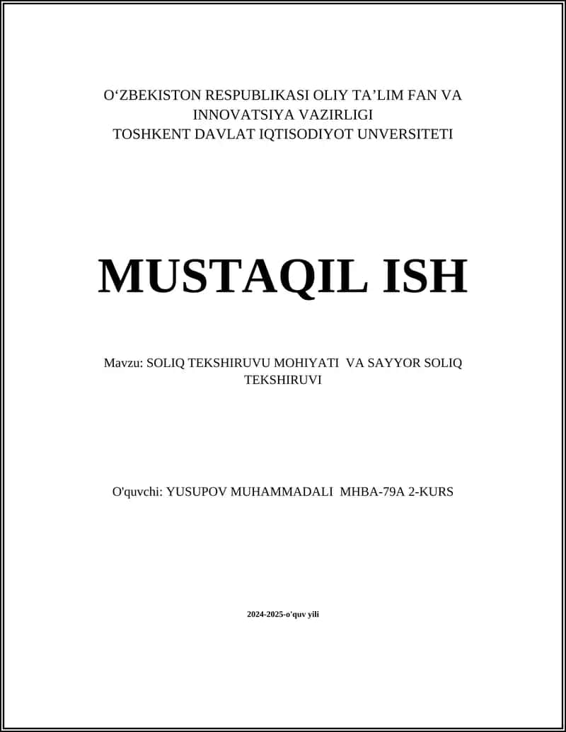 SOLIQ TEKSHIRUVU MOHIYATI VA SAYYOR SOLIQ TEKSHIRUVI