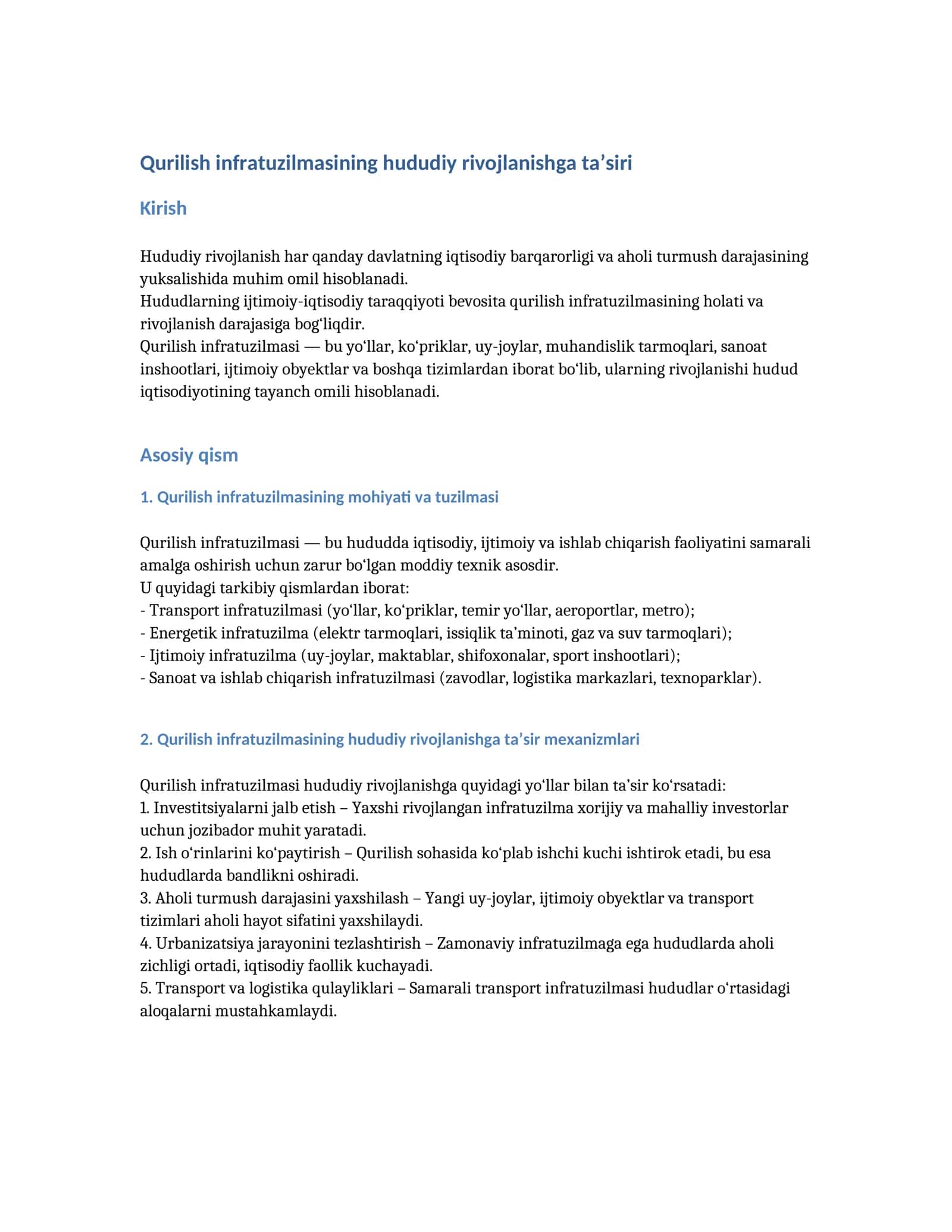 Qurilish infratuzilmasining hududiy rivojlanishga ta’siri