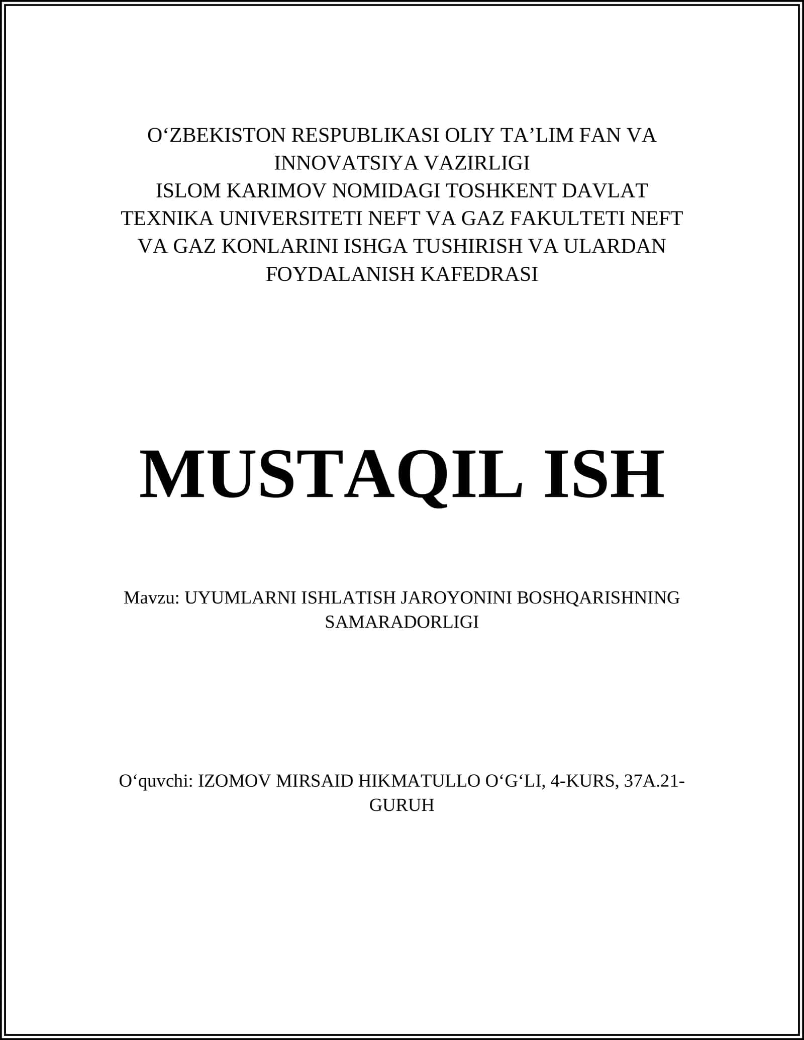 UYUMLARNI ISHLATISH JAROYONINI BOSHQARISHNING SAMARADORLIGI