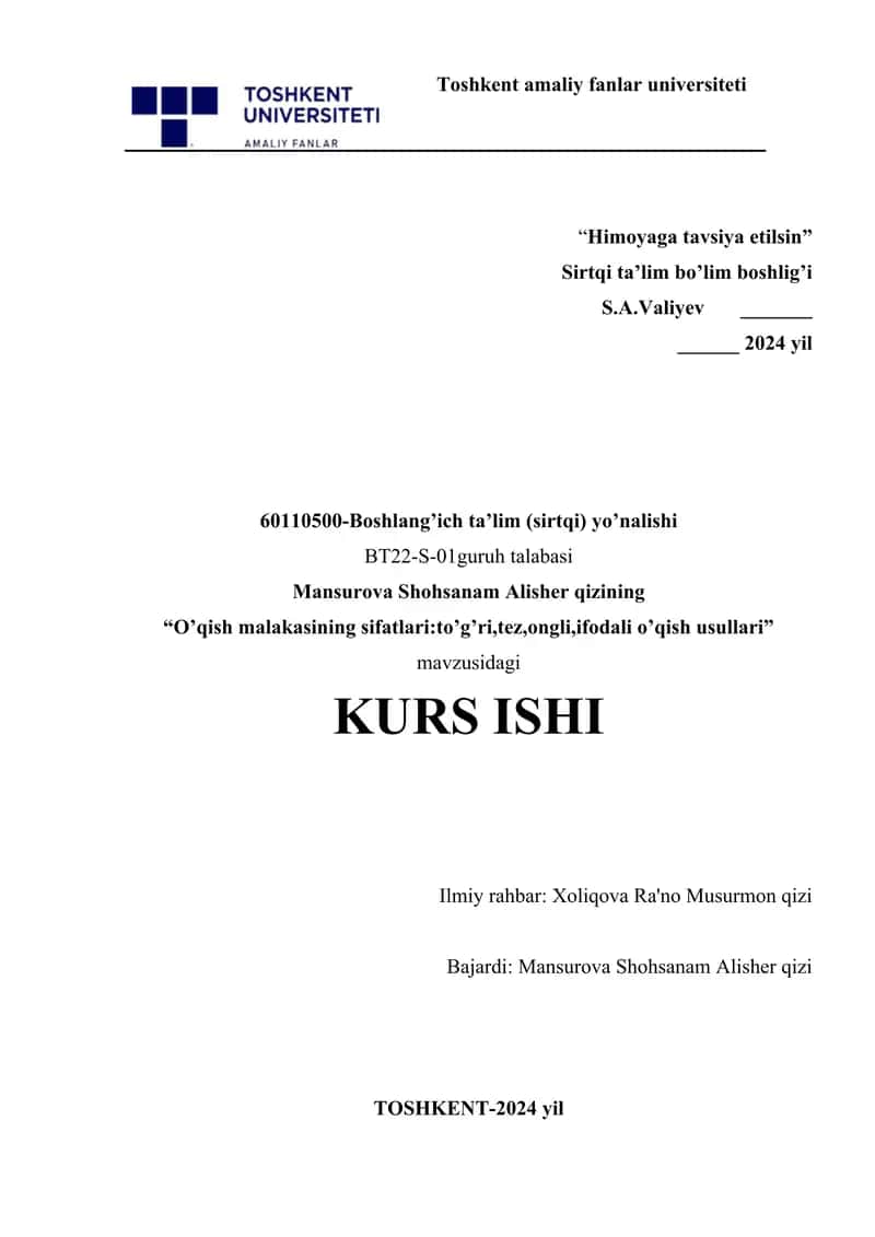 O’qish malakasining sifatlarito’g’ri,tez,ongli,ifodali o’qish usullari