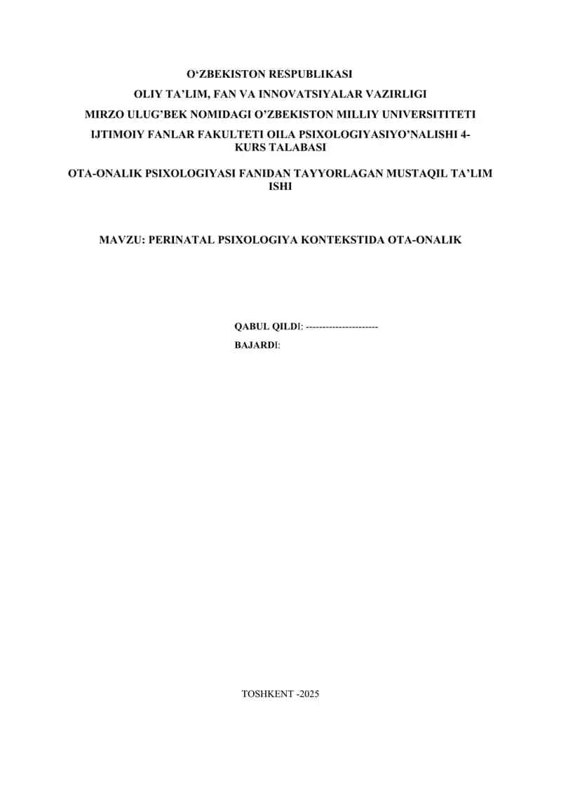 PERINATAL PSIXOLOGIYA KONTEKSTIDA OTA-ONALIK