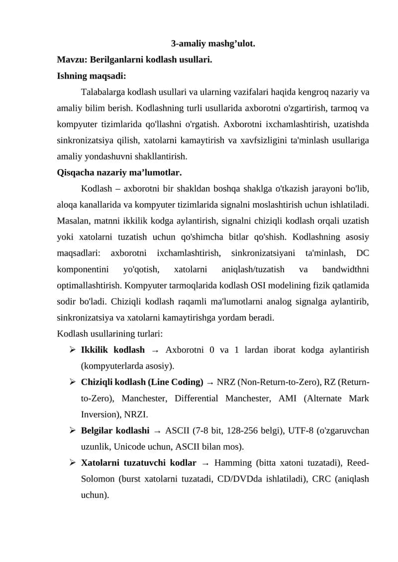 Berilganlarni kodlash usullari