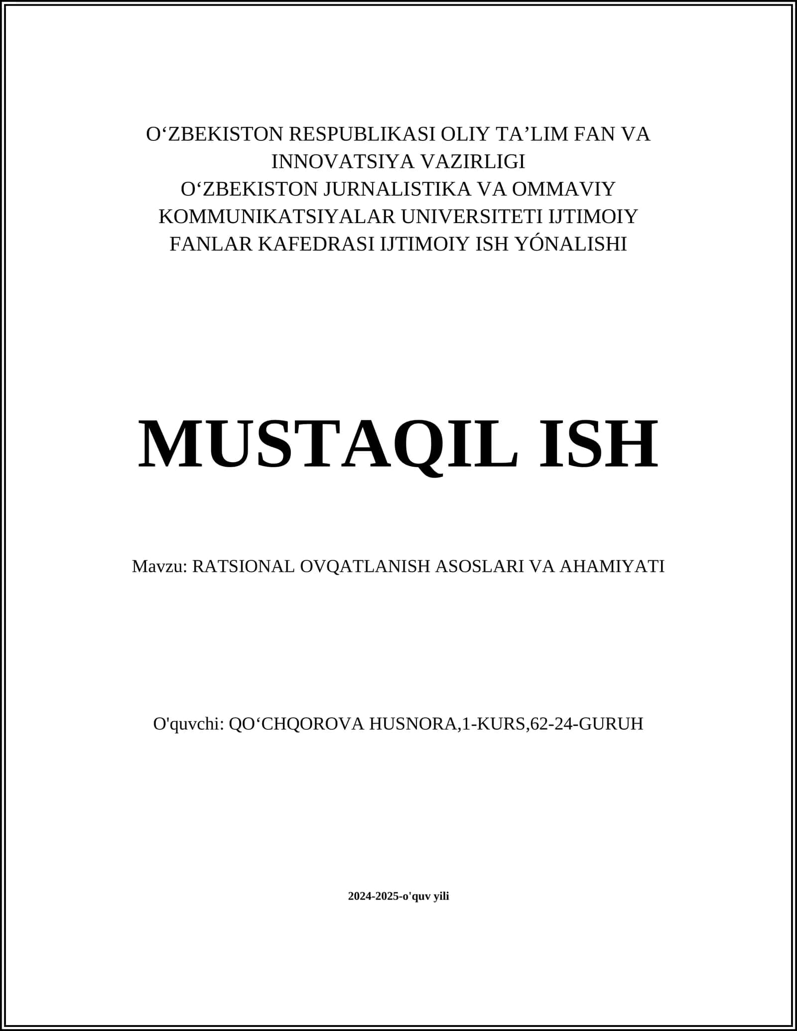 RATSIONAL OVQATLANISH ASOSLARI VA AHAMIYATI
