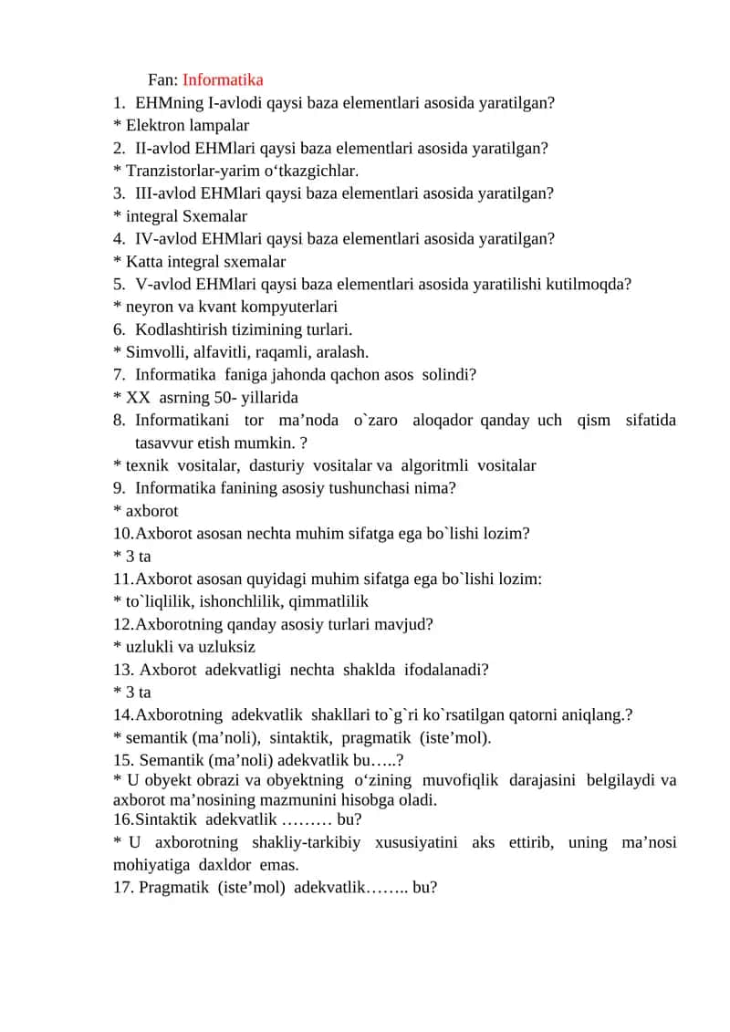 Informatika Fanidan Testlar