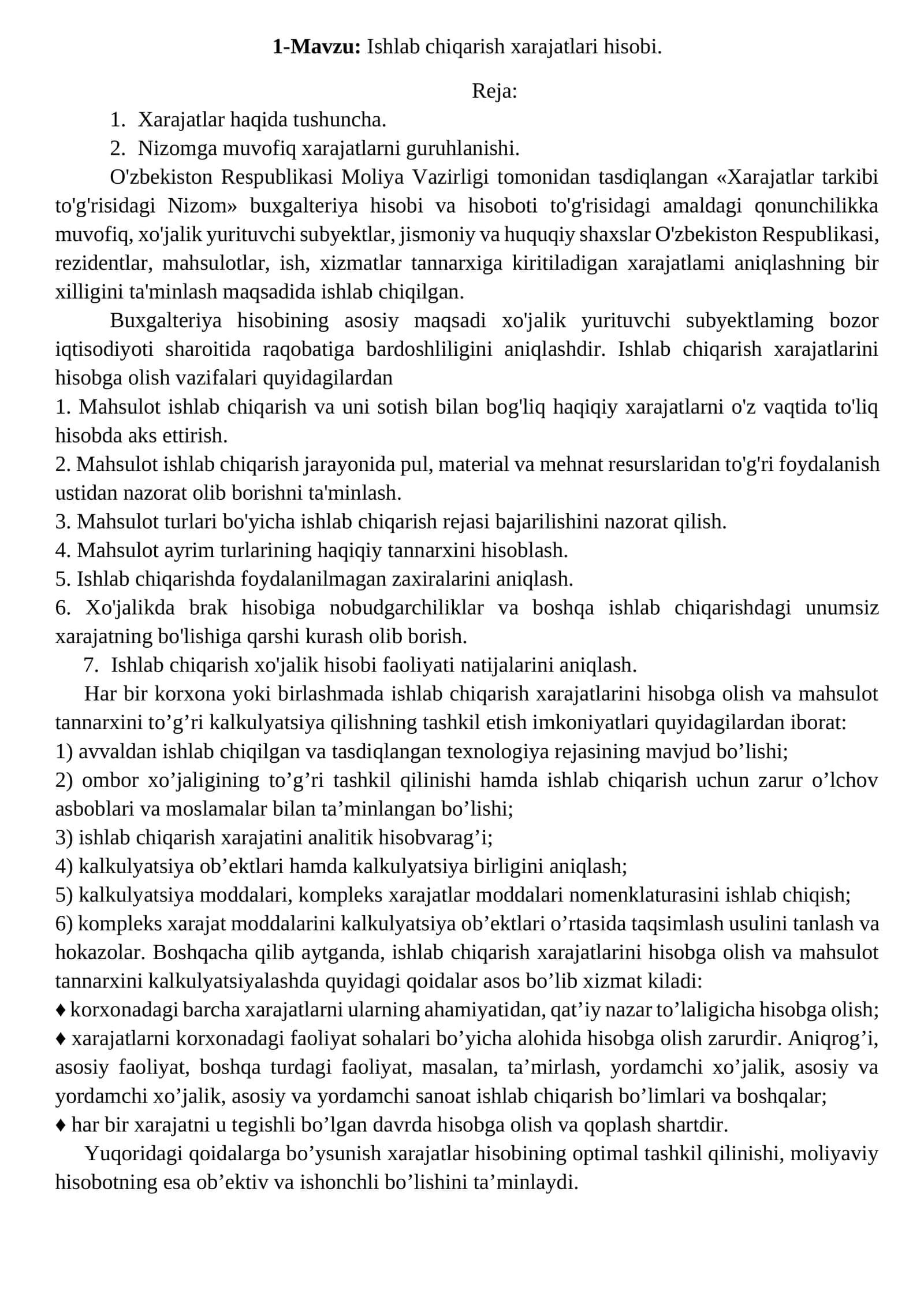 Ishlab chiqarish xarajatlari hisobi