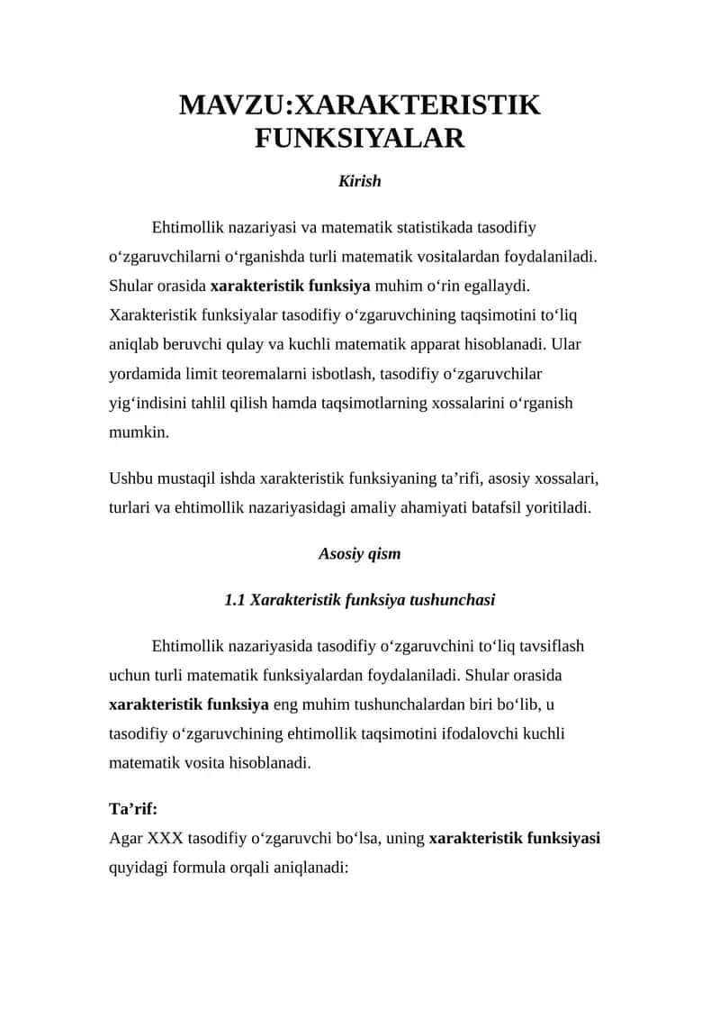 XARAKTERISTIK FUNKSIYALAR