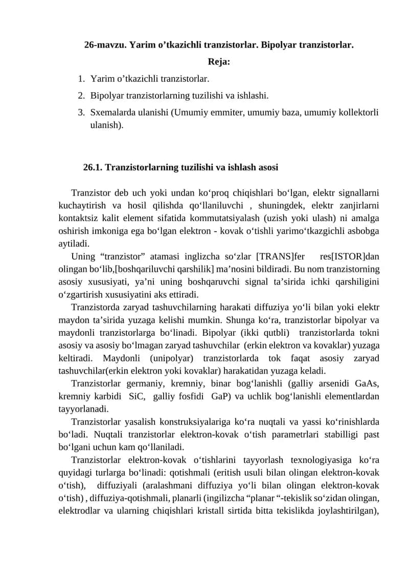 Yarim o’tkazichli tranzistorlar