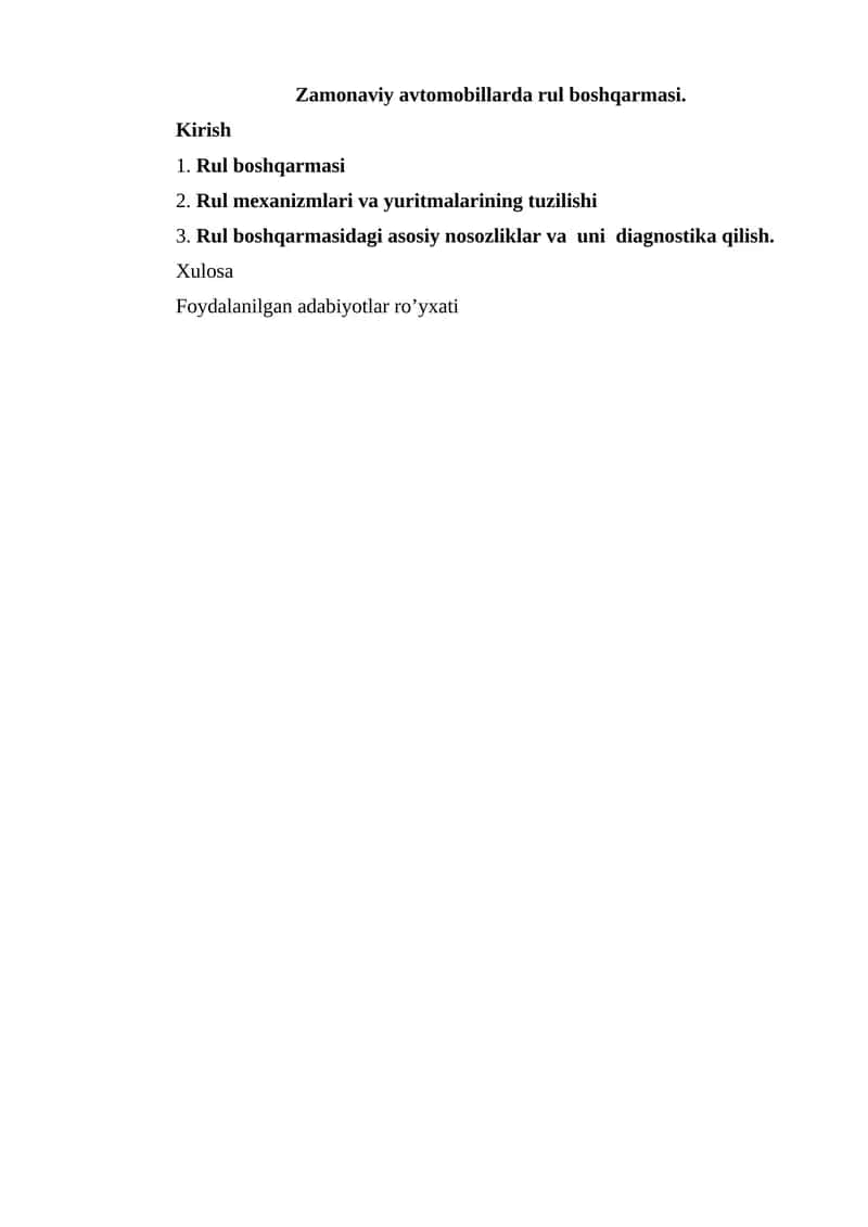 Zamonaviy avtomobillarda rul boshqarmasi