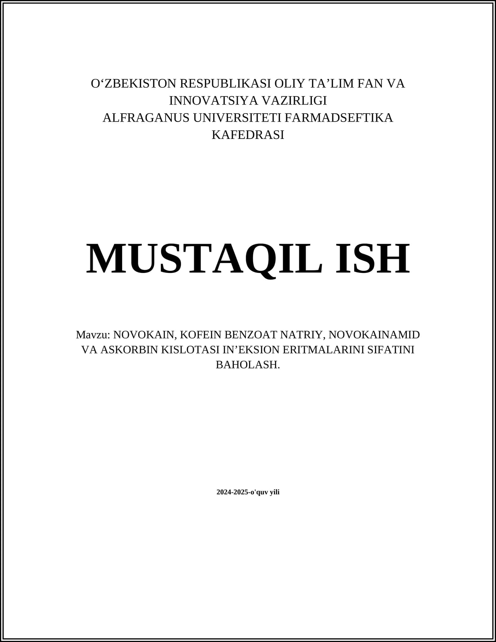 NOVOKAIN, KOFEIN BENZOAT NATRIY, NOVOKAINAMID VA ASKORBIN KISLOTASI IN’EKSION ERITMALARINI SIFATINI BAHOLASH