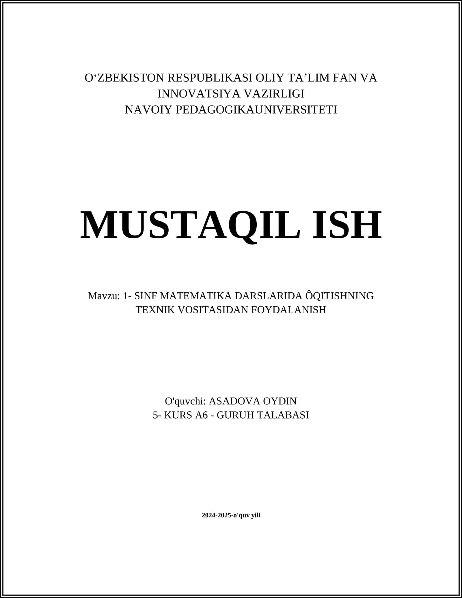 SINF MATEMATIKA DARSLARIDA ÔQITISHNING TEXNIK VOSITASIDAN FOYDALANISH