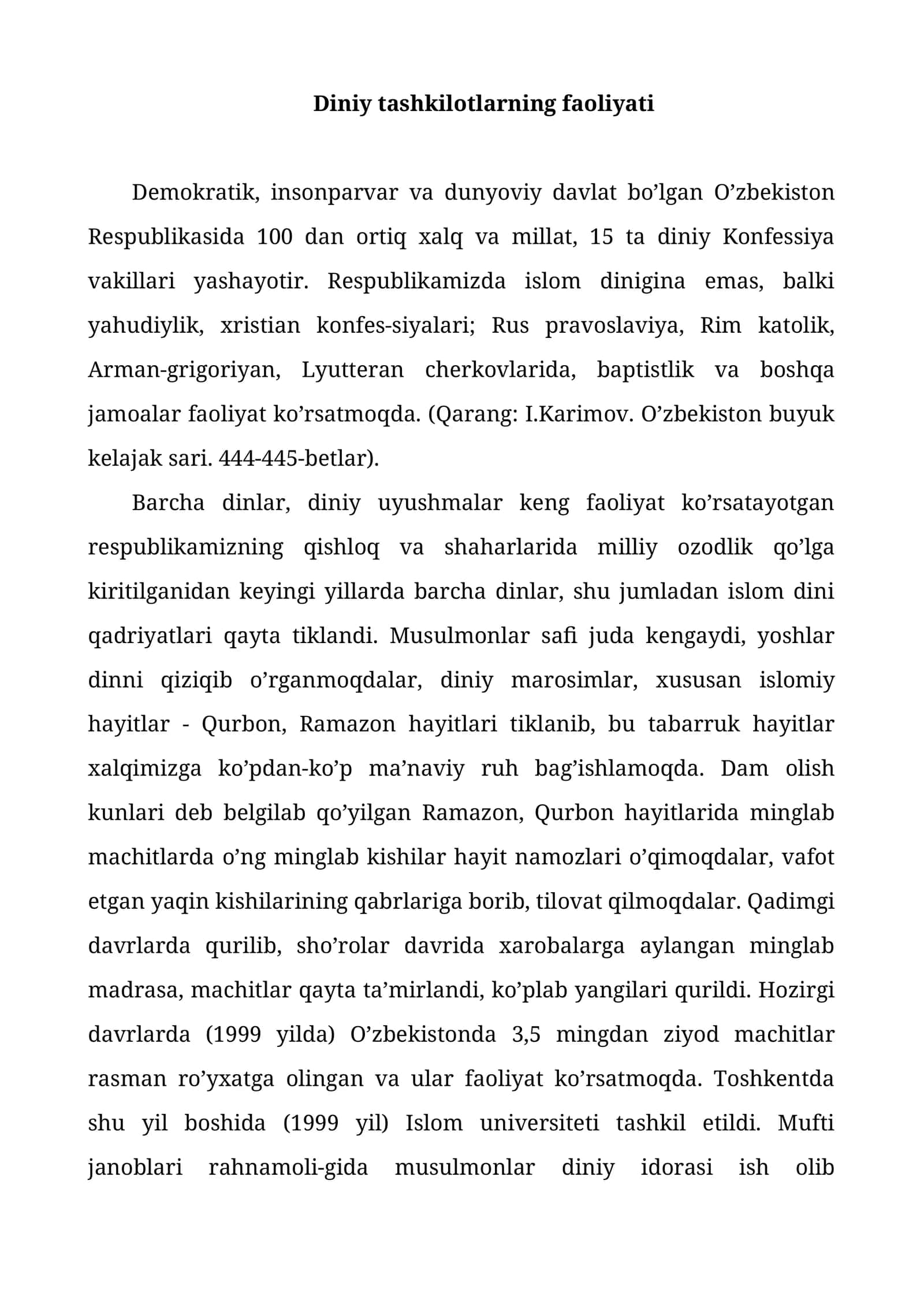 Diniy tashkilotlarning faoliyati