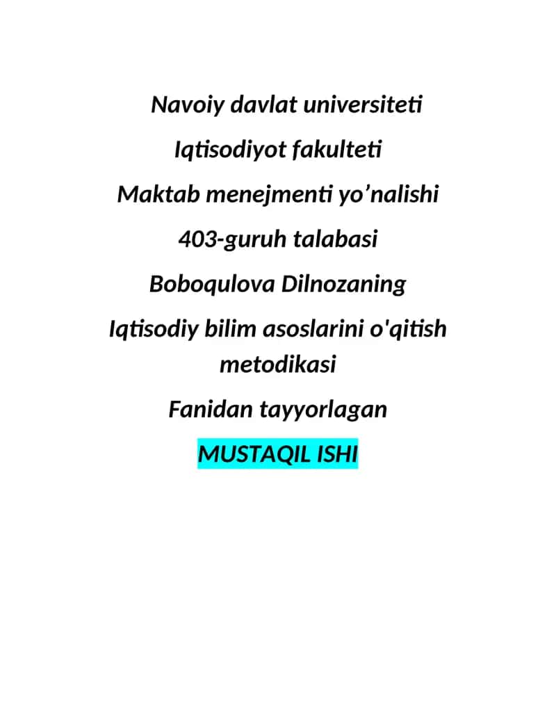 Iqtisodiy bilim asoslarini o'qitish metodikasi