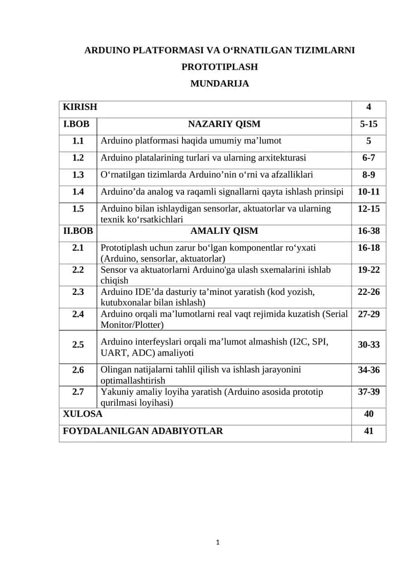 Arduino Platformasi va O‘rnatilgan Tizimlarni Prototiplash