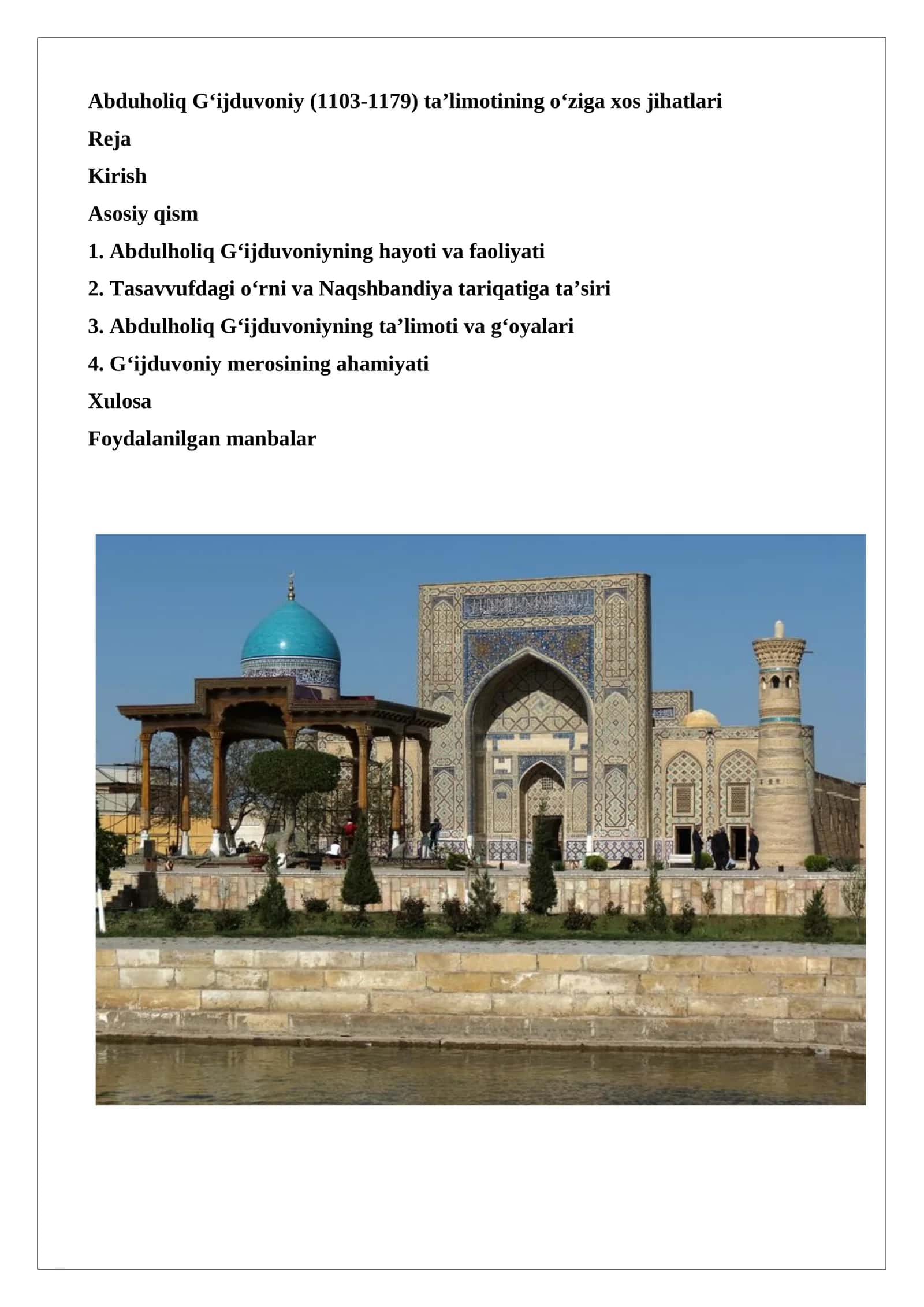 Abduholiq G‘ijduvoniy (1103-1179) ta’limotining oʻziga xos jihatlari.