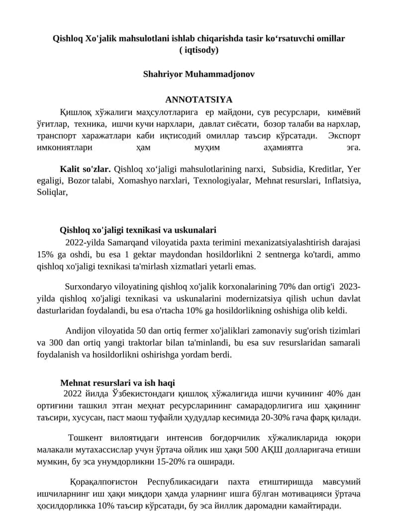 Qishloq Xo'jalik mahsulotlari