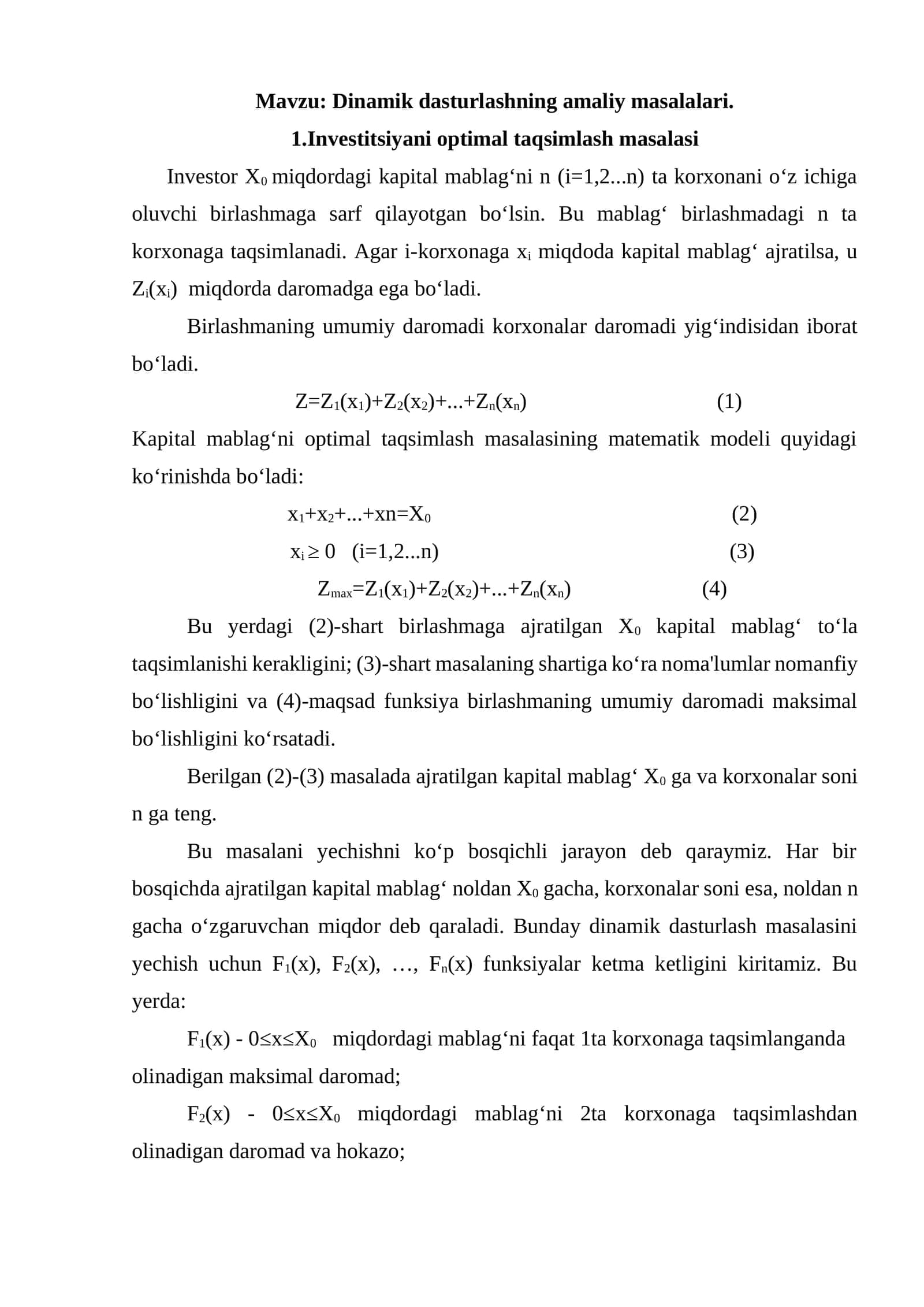 Dinamik dasturlashning amaliy masalalari