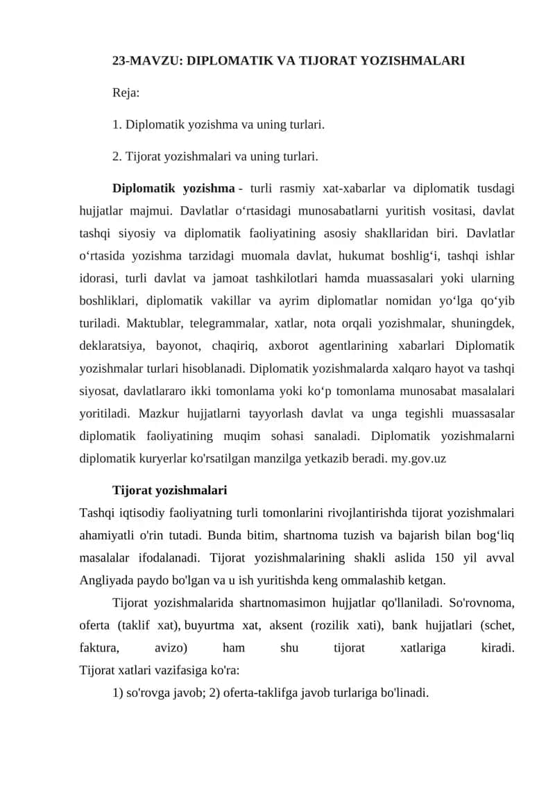 DIPLOMATIK VA TIJORAT YOZISHMALARI