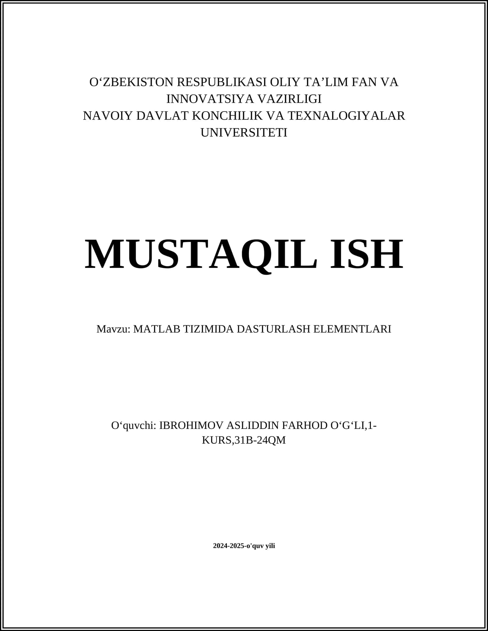 MATLAB TIZIMIDA DASTURLASH ELEMENTLARI