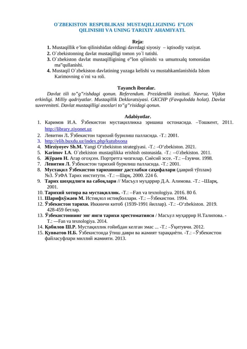 O`ZBEKISTON RESPUBLIKASI MUSTAQILLIGINING E‟LON QILINISHI VA UNING TARIXIY AHAMIYATI