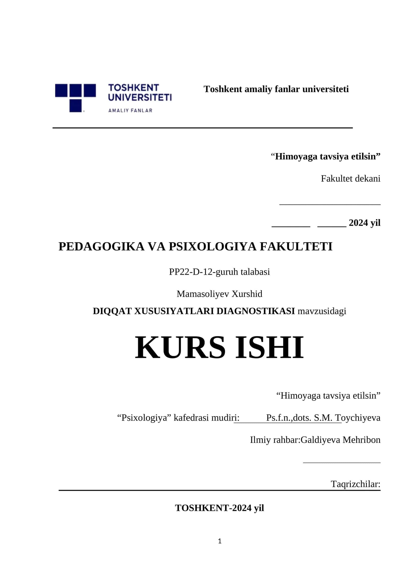 DIQQAT XUSUSIYATLARI DIAGNOSTIKASI