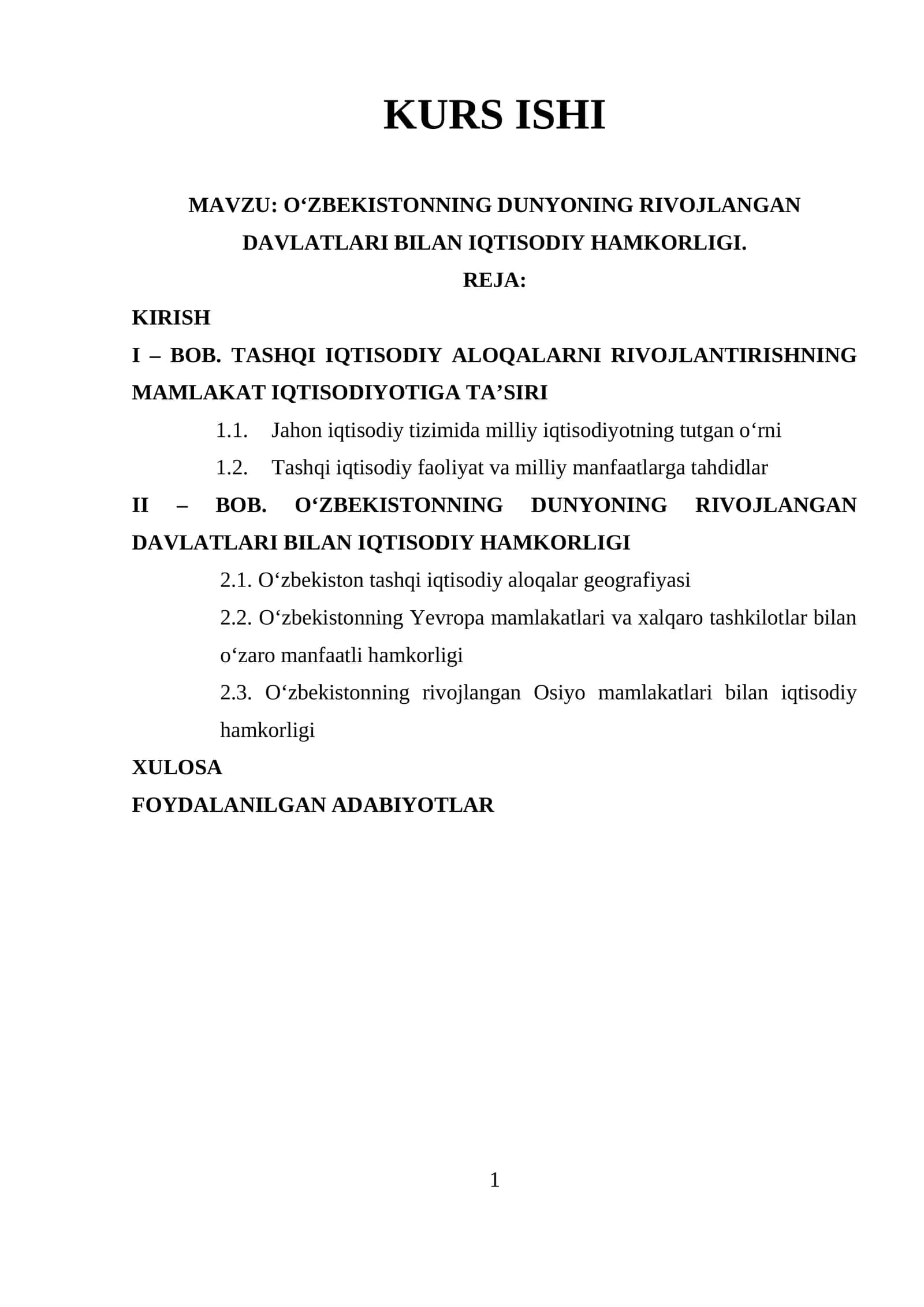 O‘ZBEKISTONNING DUNYONING RIVOJLANGAN DAVLATLARI BILAN IQTISODIY HAMKORLIGI