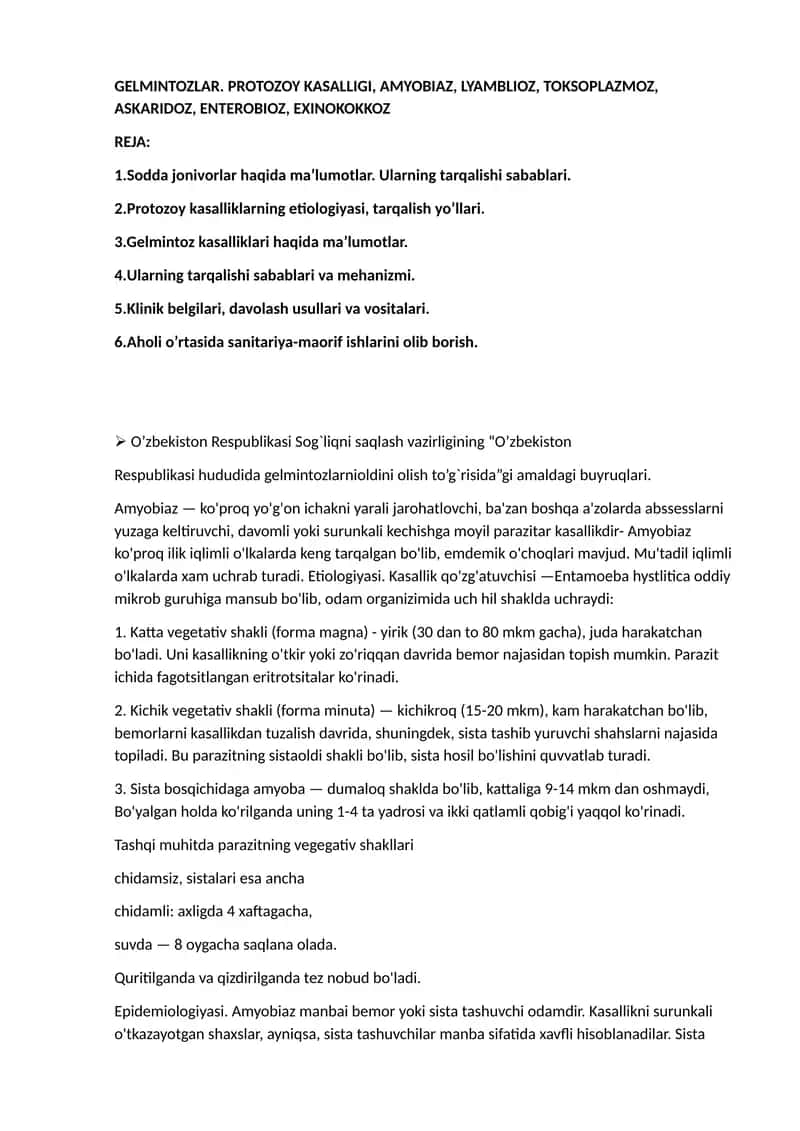 GELMINTOZLAR. PROTOZOY KASALLIGI, AMYOBIAZ, LYAMBLIOZ, TOKSOPLAZMOZ, ASKARIDOZ, ENTEROBIOZ, EXINOKOKKOZ