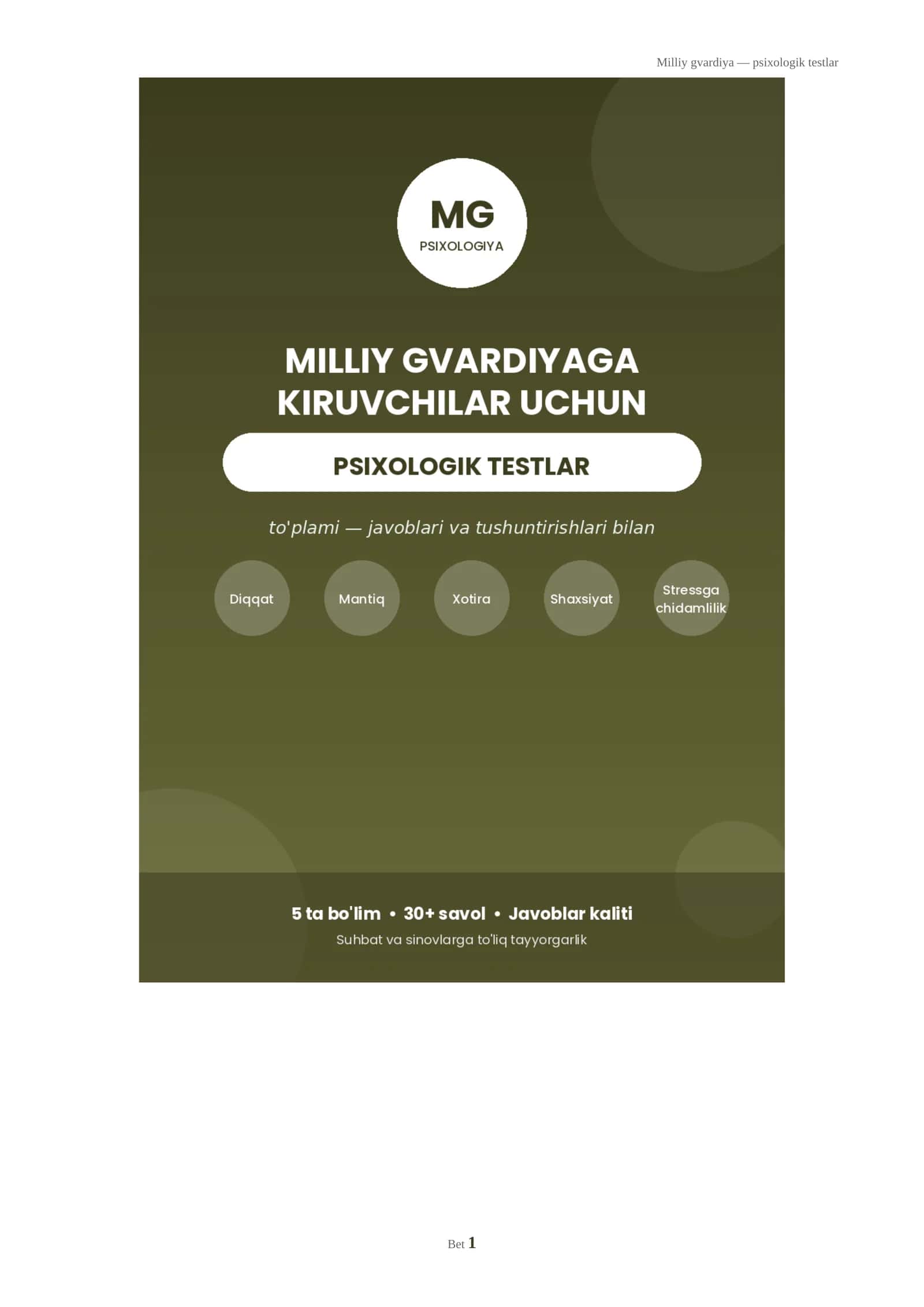 Milliy gvardiyaga kiruvchilar uchun psixologik testlar to'plami (javoblari bilan)