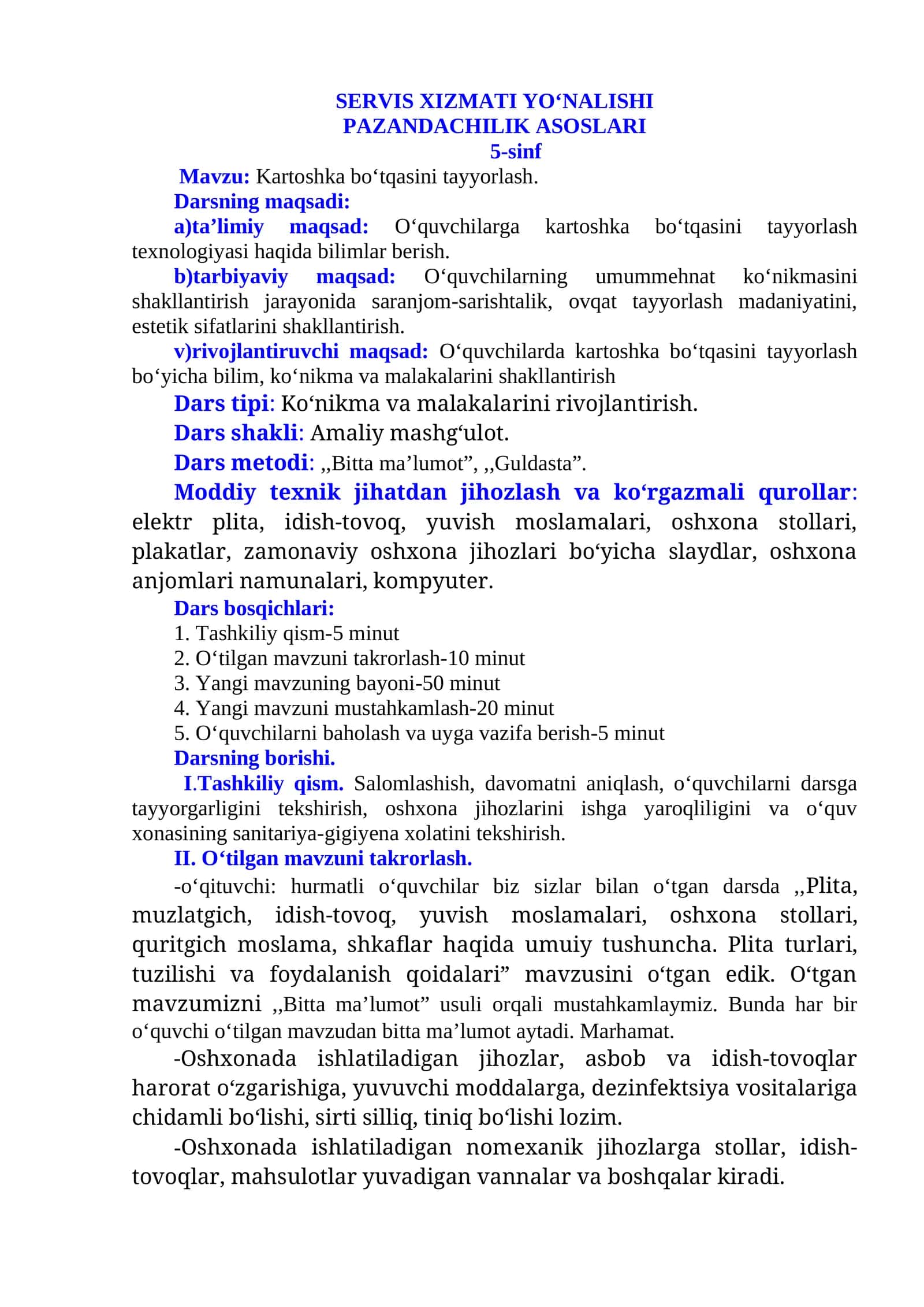 Kartoshka bo‘tqasini tayyorlash