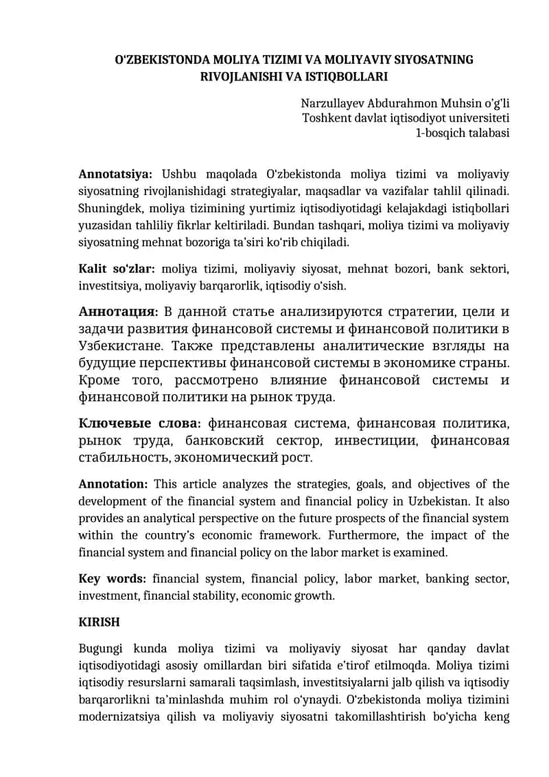 O'ZBEKISTONDA MOLIYA TIZIMI VA MOLIYAVIY SIYOSATNING RIVOJLANISHI VA ISTIQBOLLARI