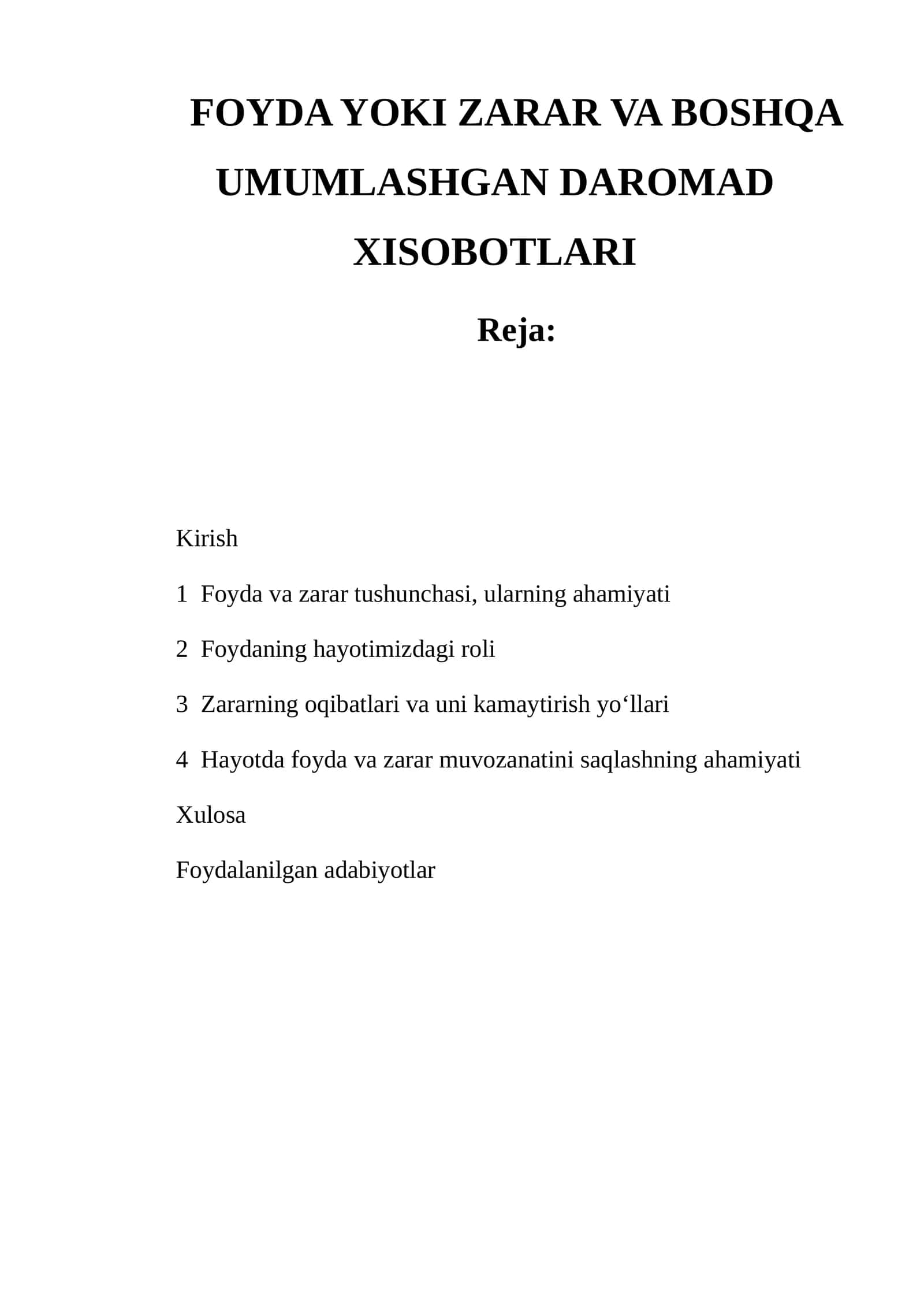 Foyda Yokki Zarar Va Boshqa Umuqlashgan Daromad Xisobotlari