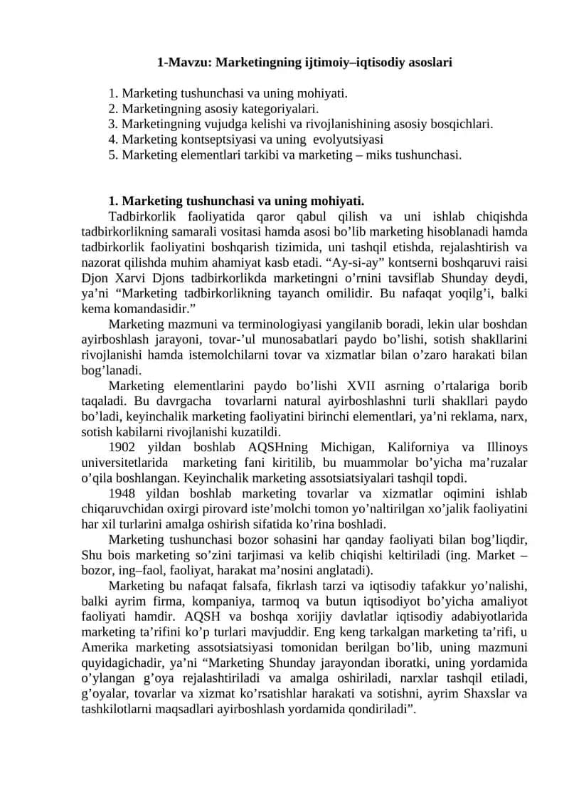 Marketingning ijtimoiy–iqtisodiy asoslari