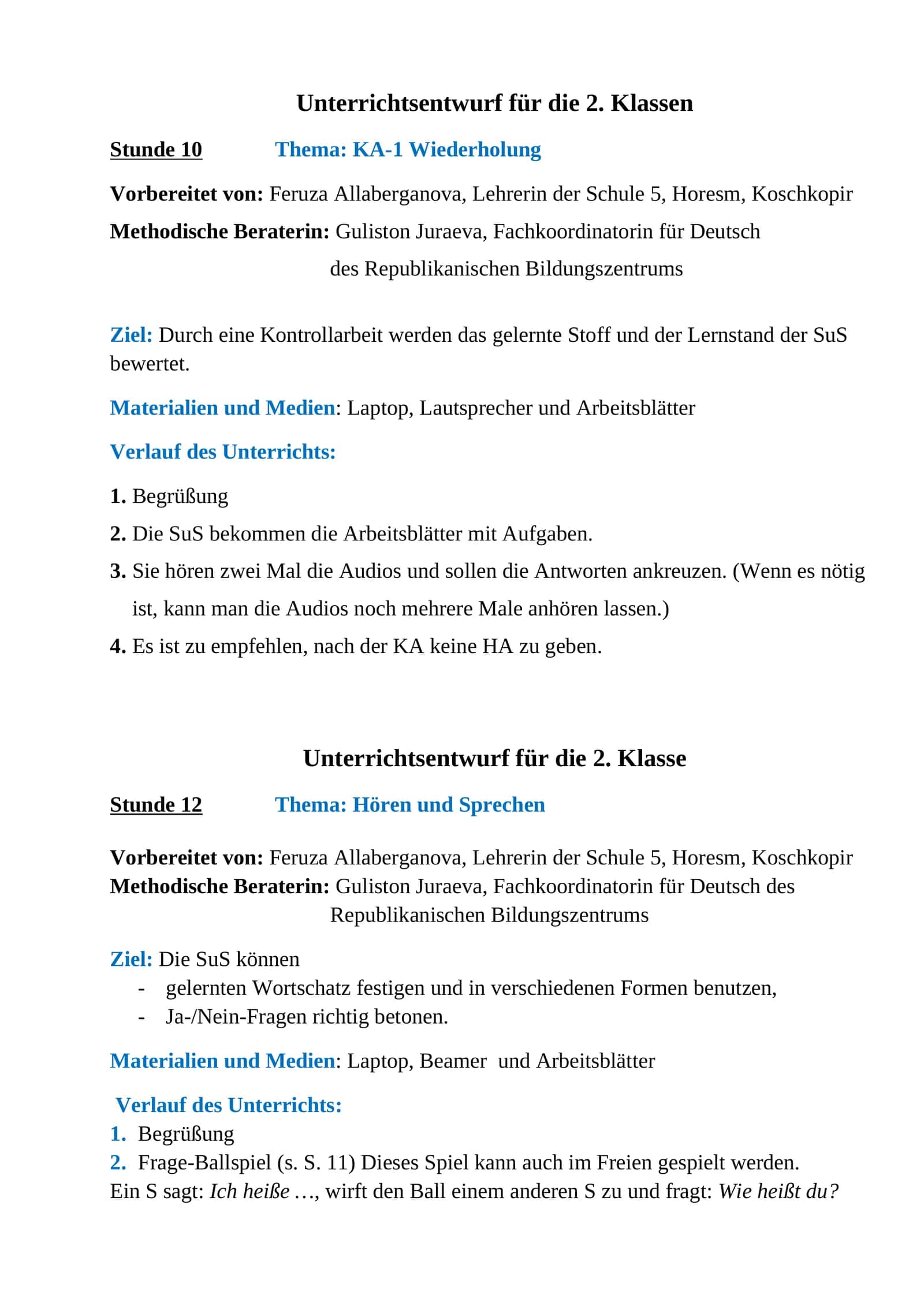 Unterrichtsentwurf für die 2. Klassen
