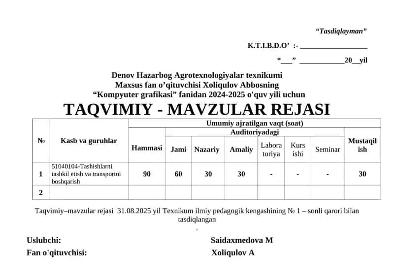 Taqvimiy–mavzular rejasi