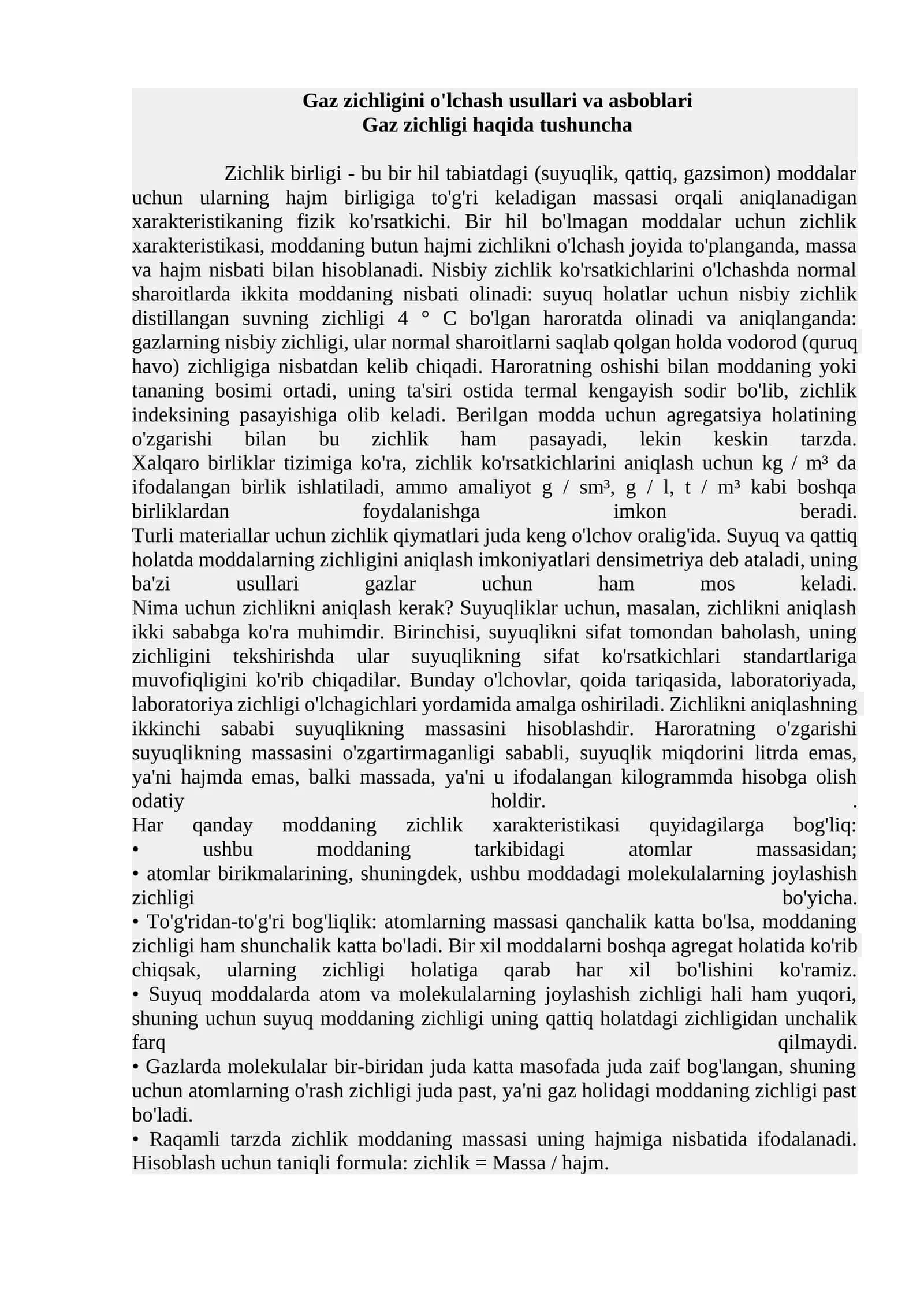 Gaz zichligini o'lchash usullari va asboblari