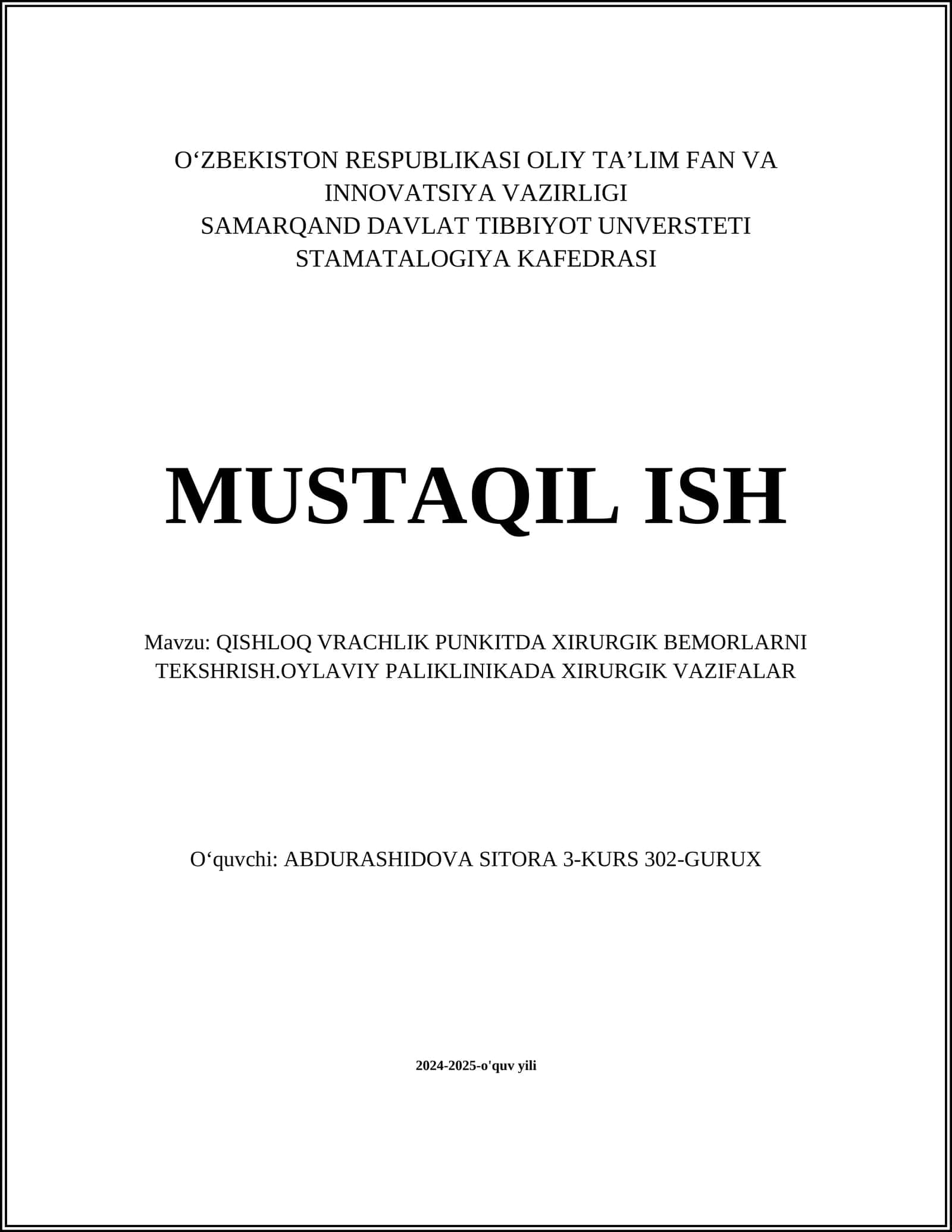 QISHLOQ VRACHLIK PUNKITDA XIRURGIK BEMORLARNI TEKSHRISH