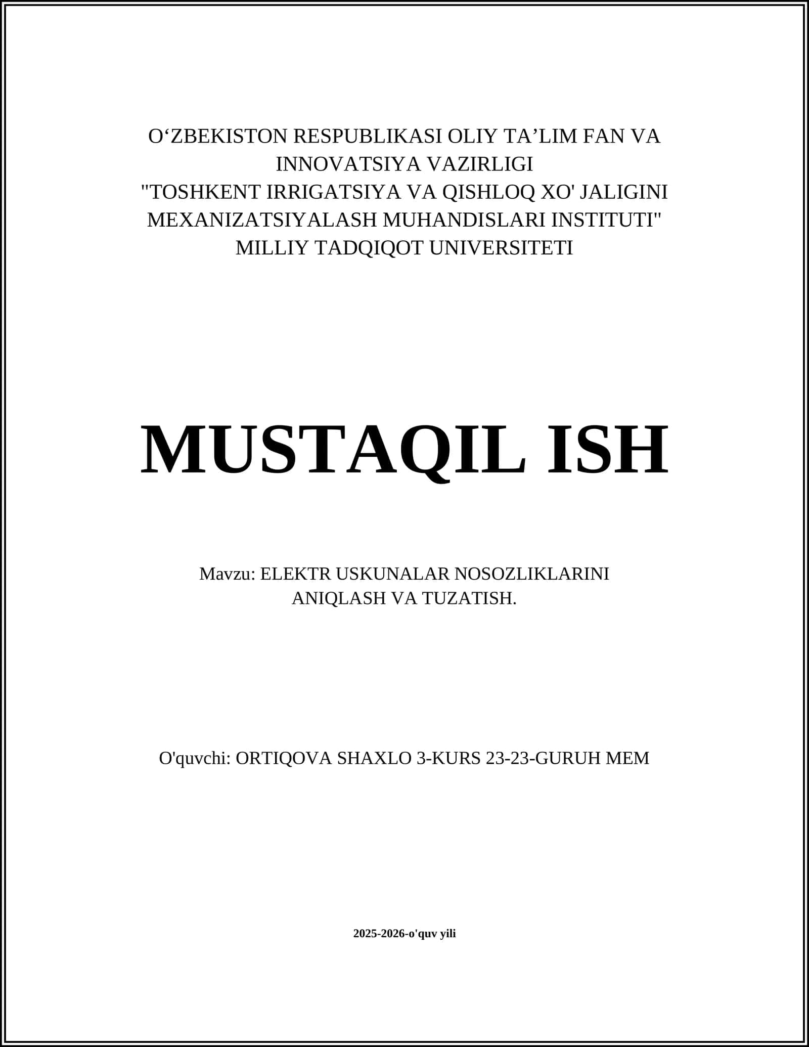ELEKTR USKUNALAR NOSOZLIKLARINI ANIQLASH VA TUZATISH