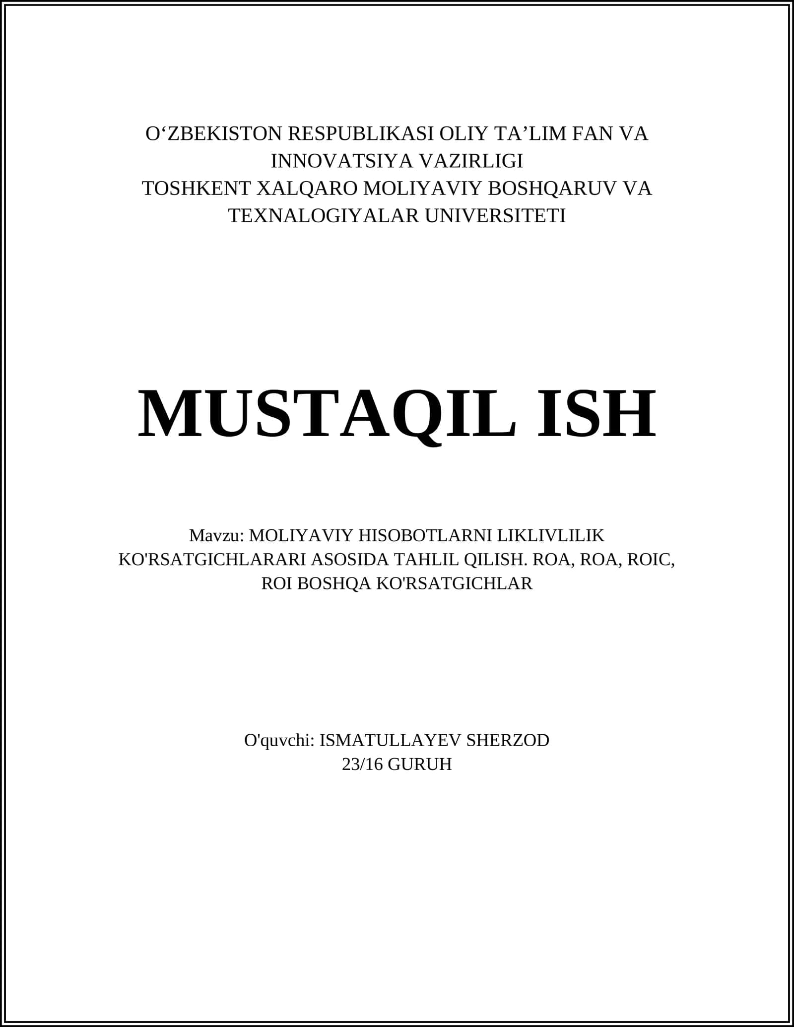 Moliyaviy ko'rsatkichlar asosida tahlil qilish