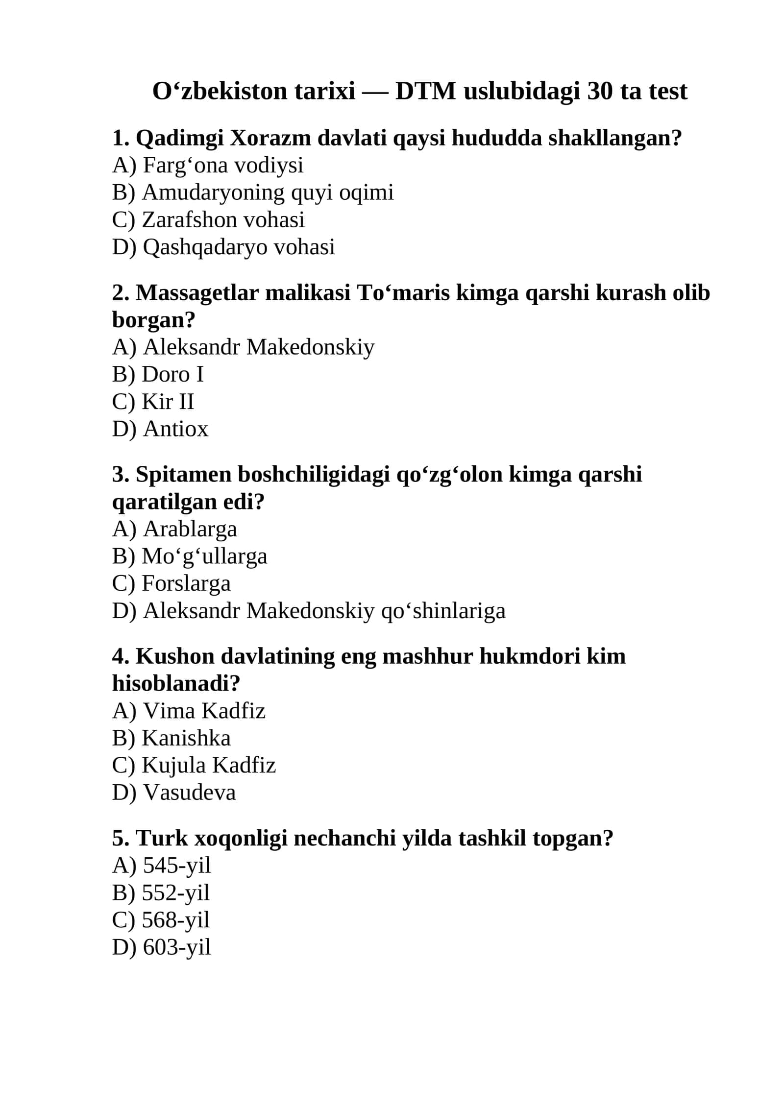 O‘zbekiston tarixi — DTM uslubidagi 30 ta test